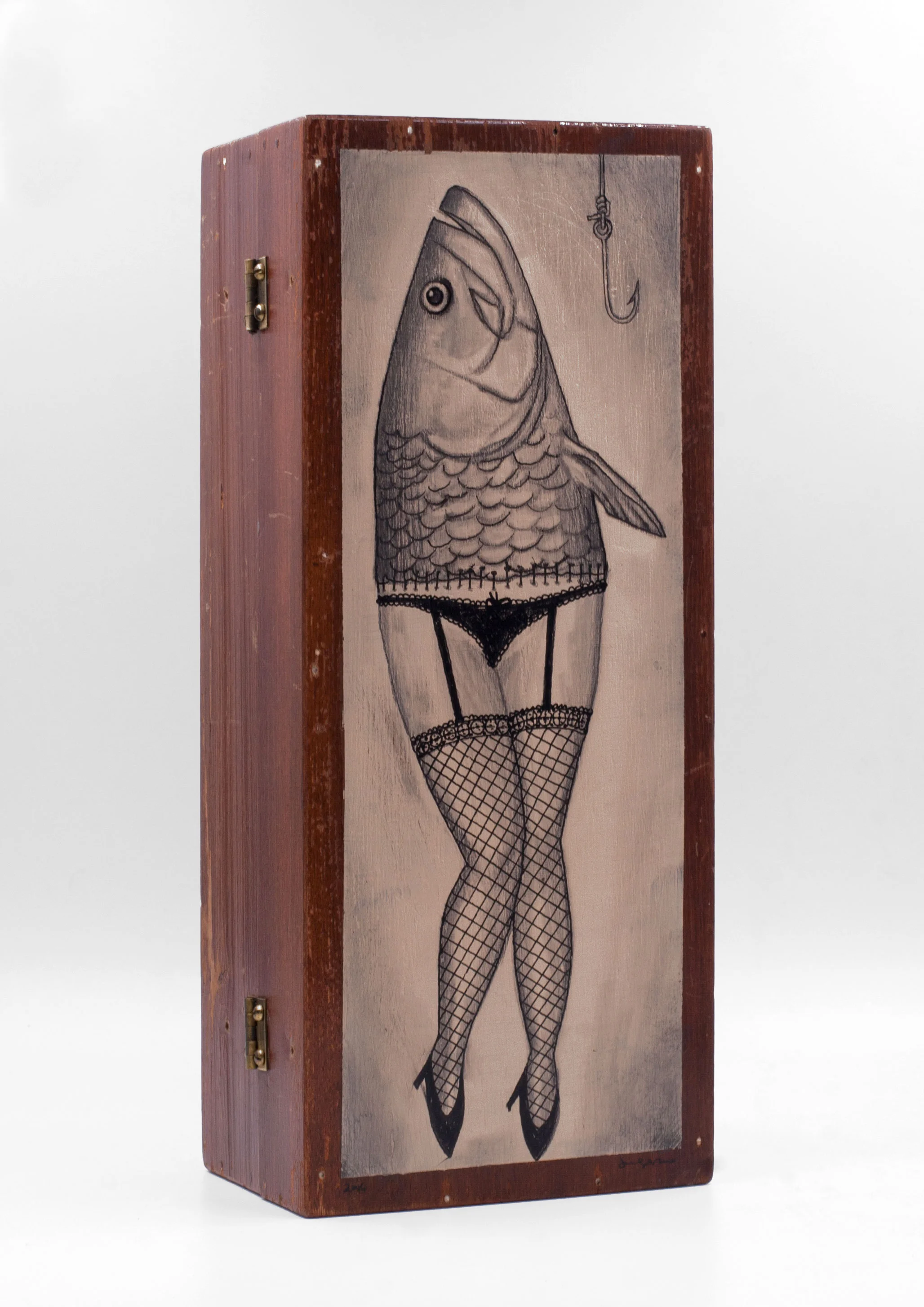 Fishnet Mermaid Ink and graphite on antique box 4.5 x 11.25 x 3.5 $ 750