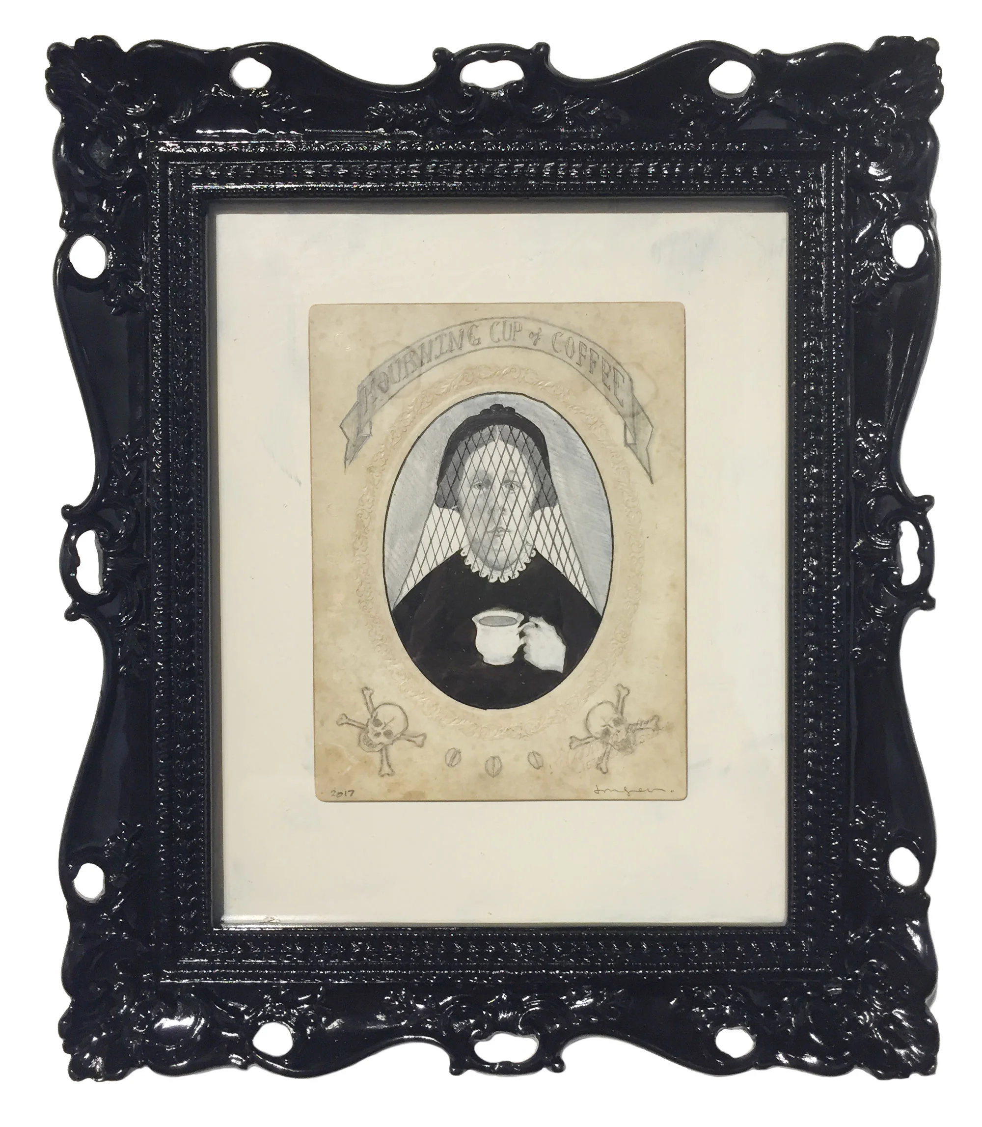 Mourning Cup of Coffee Mixed media on found object 13 x 11.5 $ 450