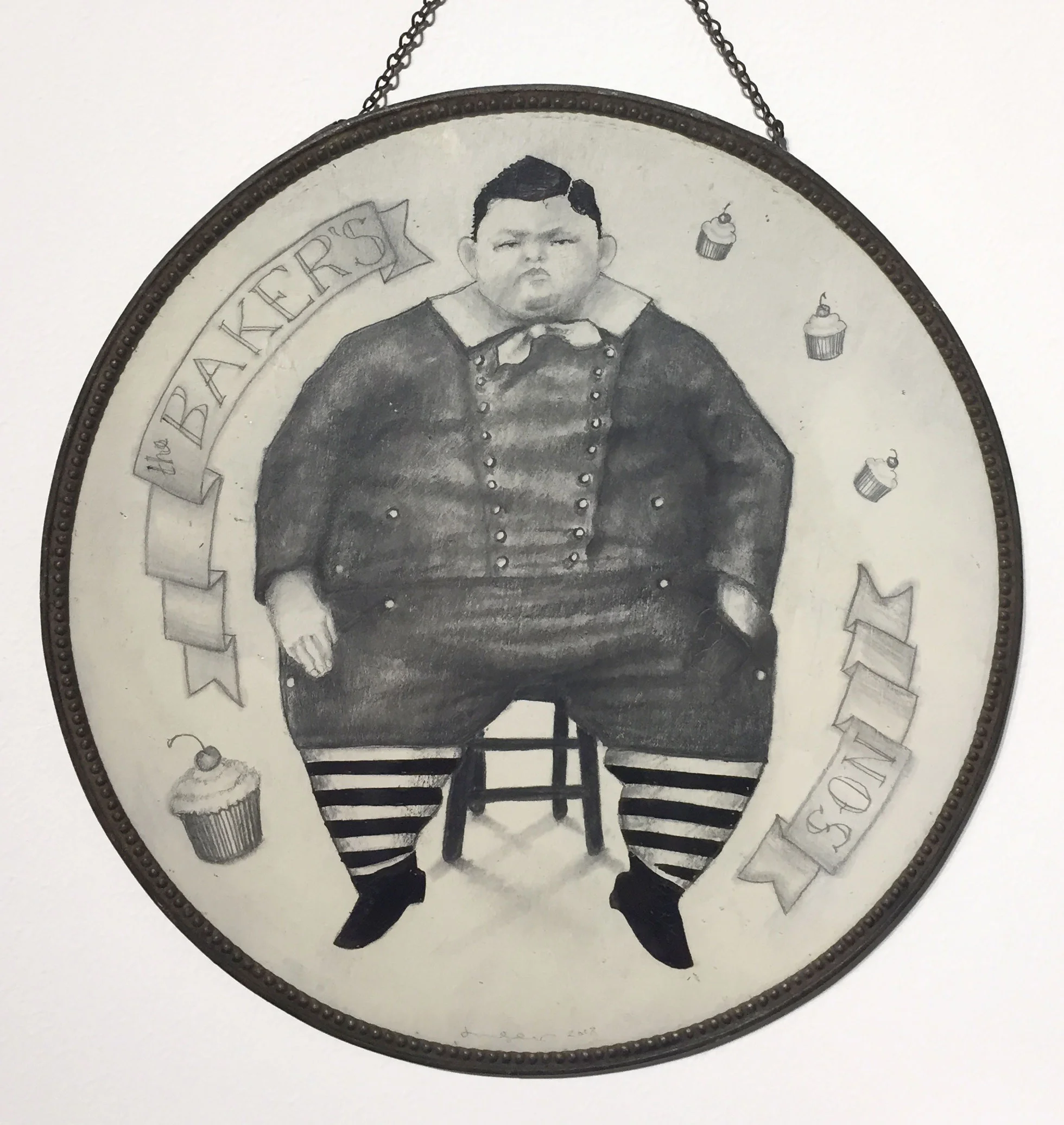 The Baker's Son Mixed media on found object 9.5 x 9.5 $ 450