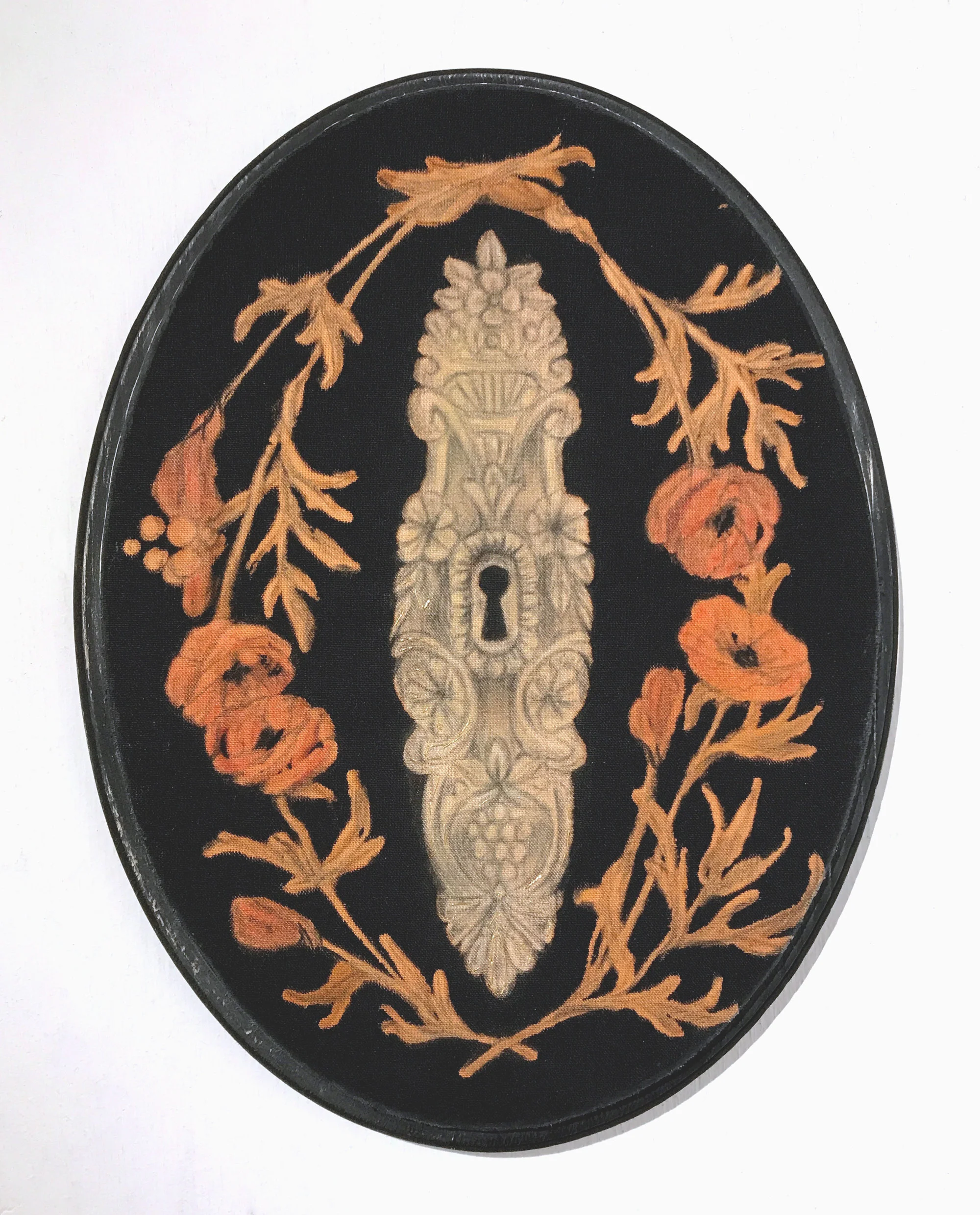 Escutcheon Bleach, chalk, acrylic, and stitching on cotton 8.5 x 11.5 $ 550
