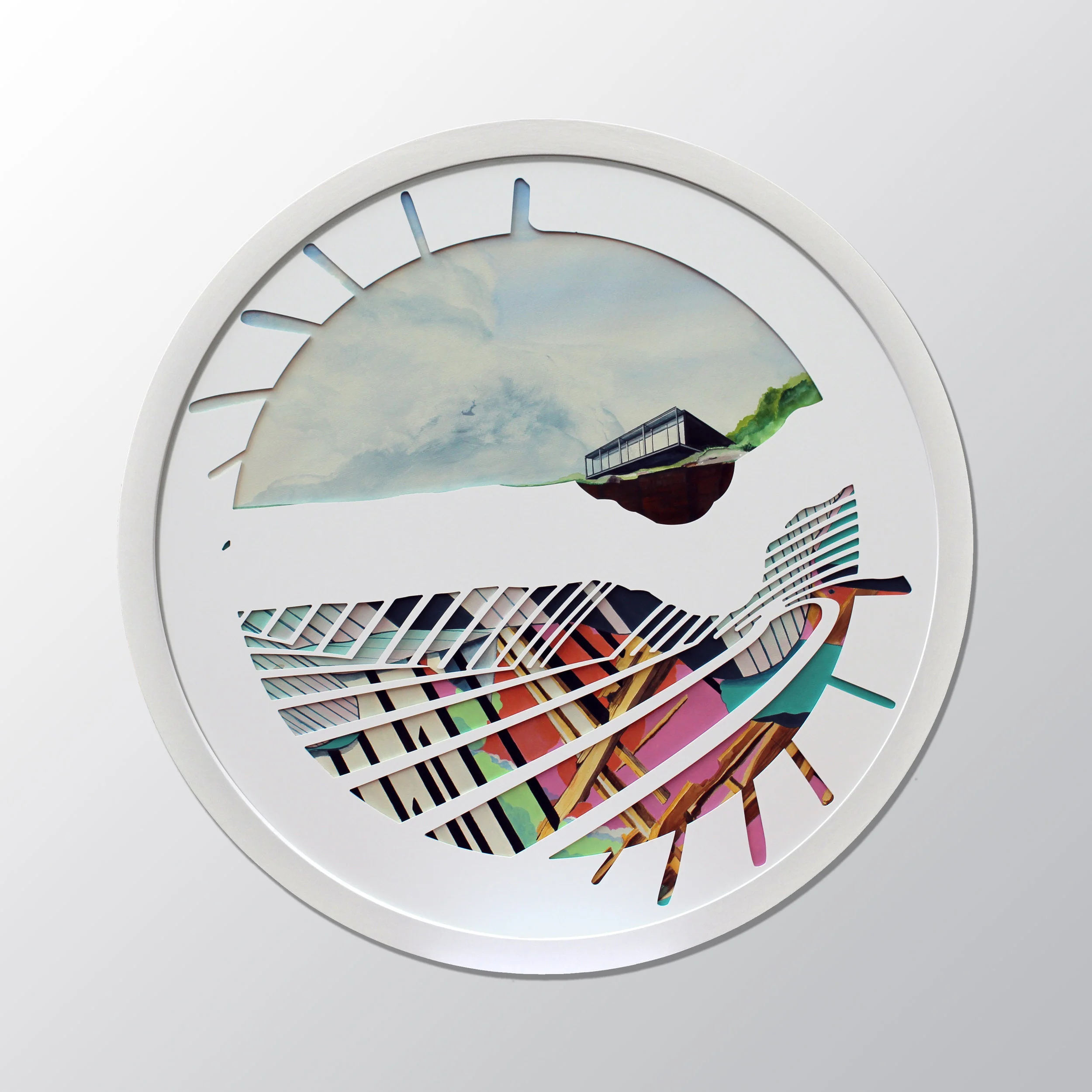 Spinning Plates Acrylic and watercolor on paper and sintra mat 39" diameter $ 3,000