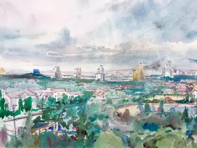 Mark Grundy, Suncheon City from Hotel Balcony, South Korea , Watercolor on Paper, 11 x 14, $300