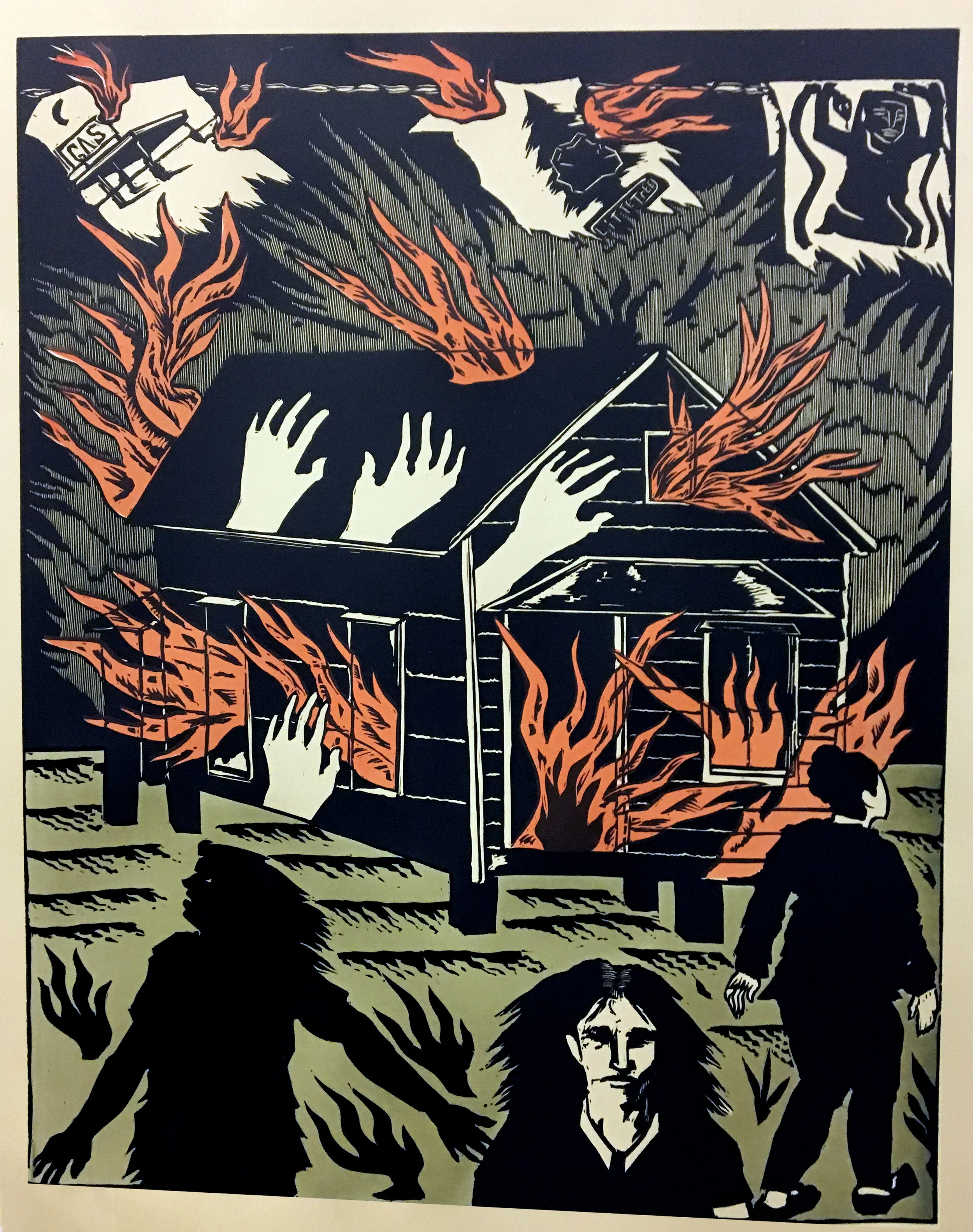 Emmett Merrill, The Fire, Relief print, 28 x 22, $350