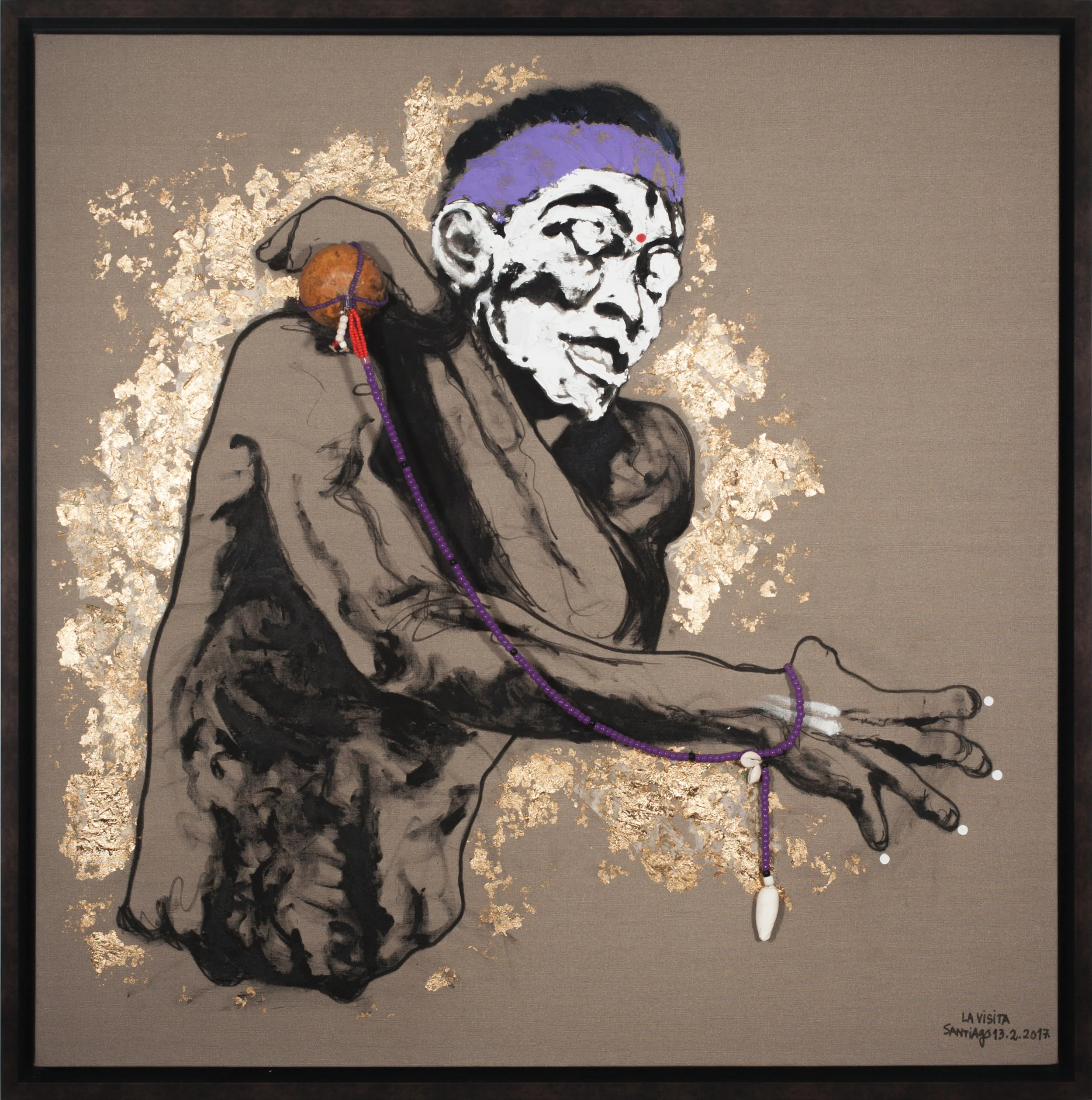Santiago Olazábal La visita / The Visit Acrylic, conté, gold leaf, and found items on canvas 39.5 x 39.5