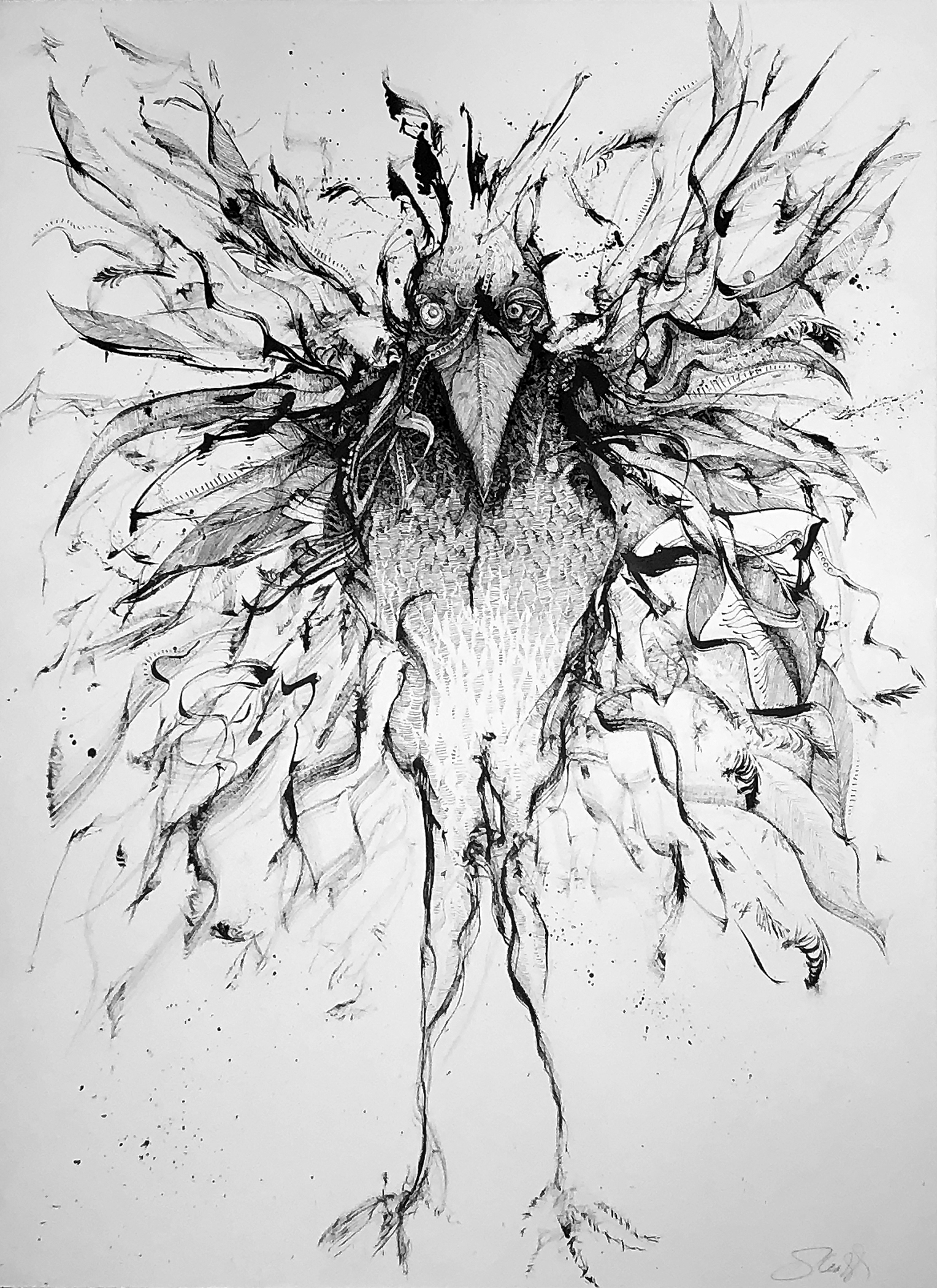 With Many a Flirt and Flutter Sumi ink applied with feather and dip pen on Rives BFK paper 32 x 24 $ 3,200