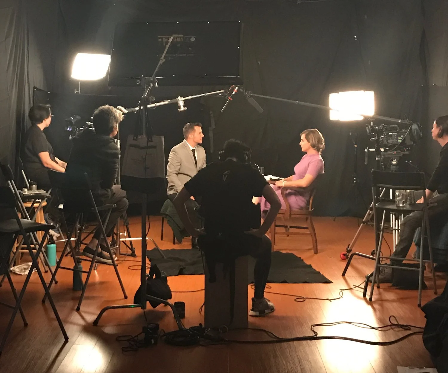 Chase Joynt (left, in profile) works with actress Zackary Drucker on the set of Framing Agnes.