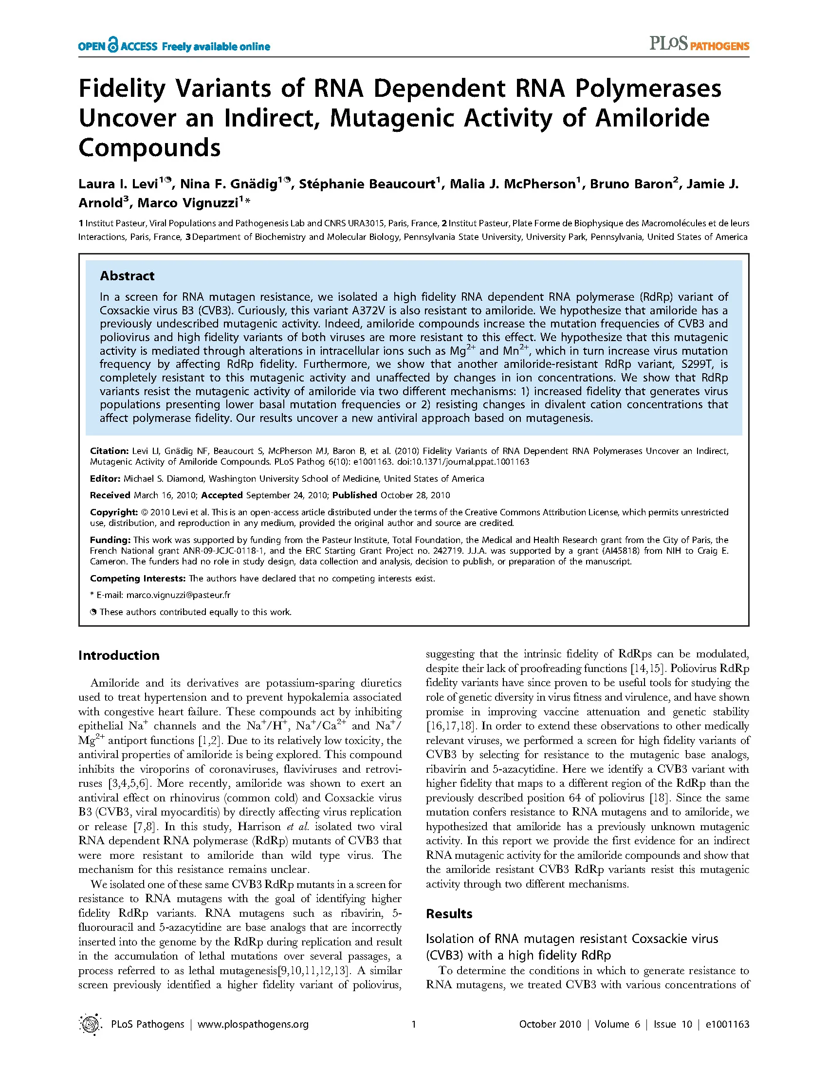 PLoS Pathogens 2010, Levi et al: Coxsackie fidelity and amiloride compounds