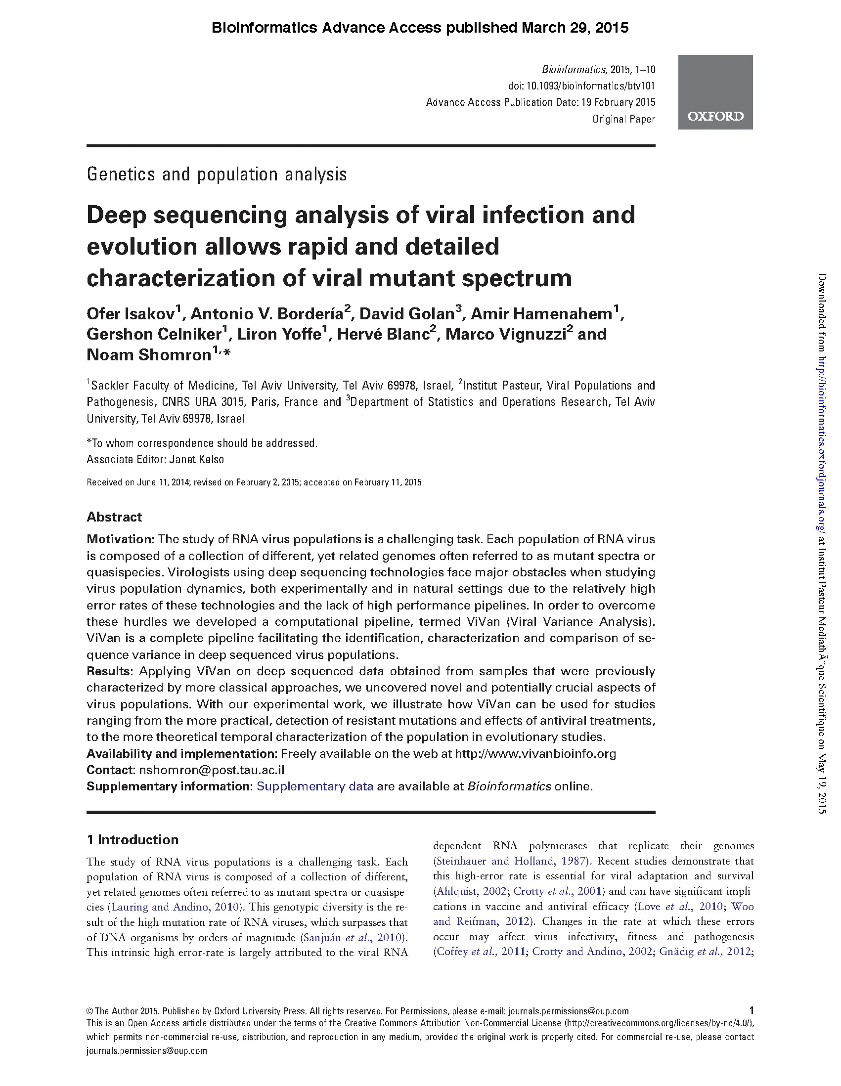 Bioinformatics 2015: Isakov et al, collaboration with Shomron lab on ViVAn pipeline, Deep sequencing analysis of viral populations