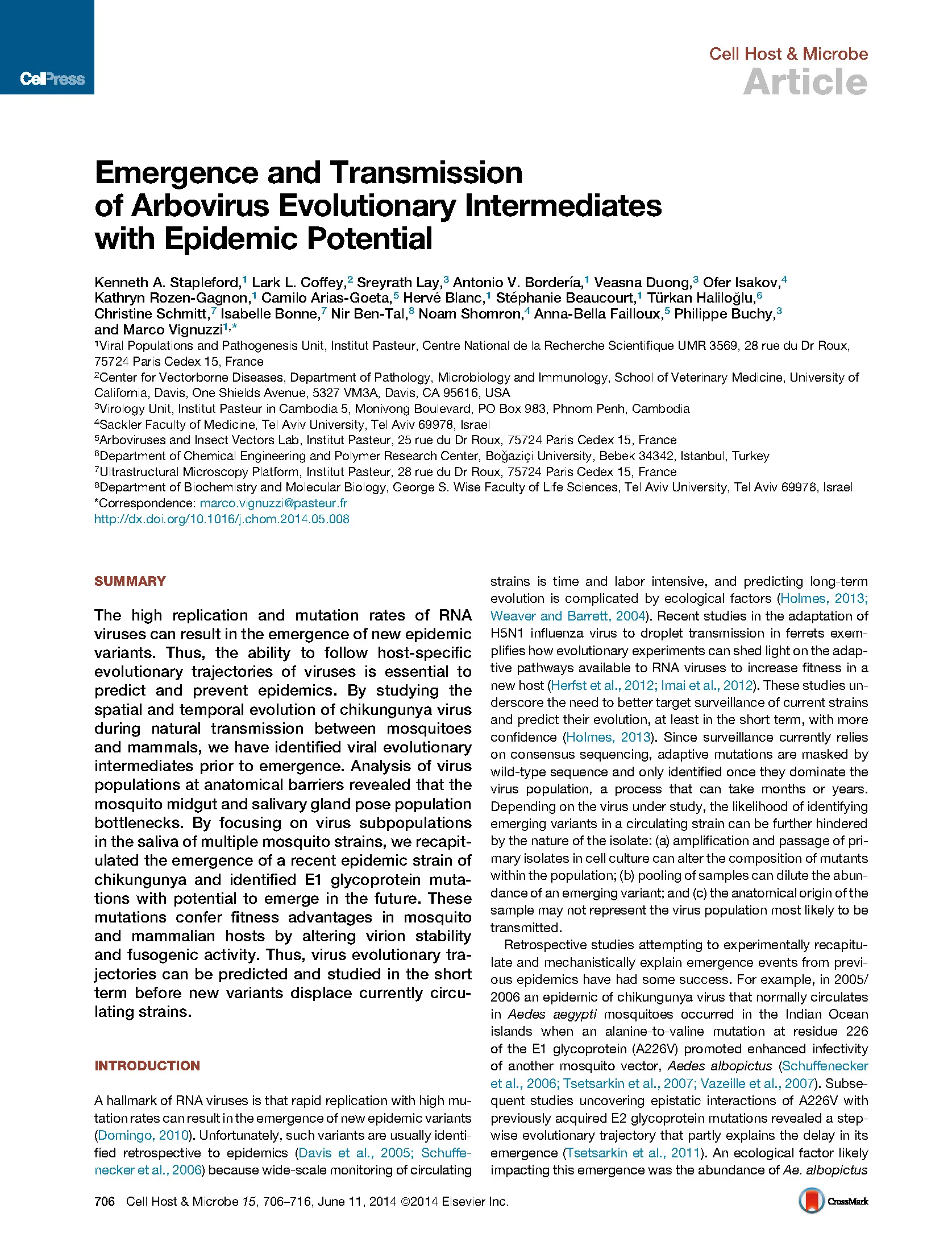 Cell Host & Microbe 2014: Stapleford et al, In Vivo Evolution of Emerging Chikungunya Strains