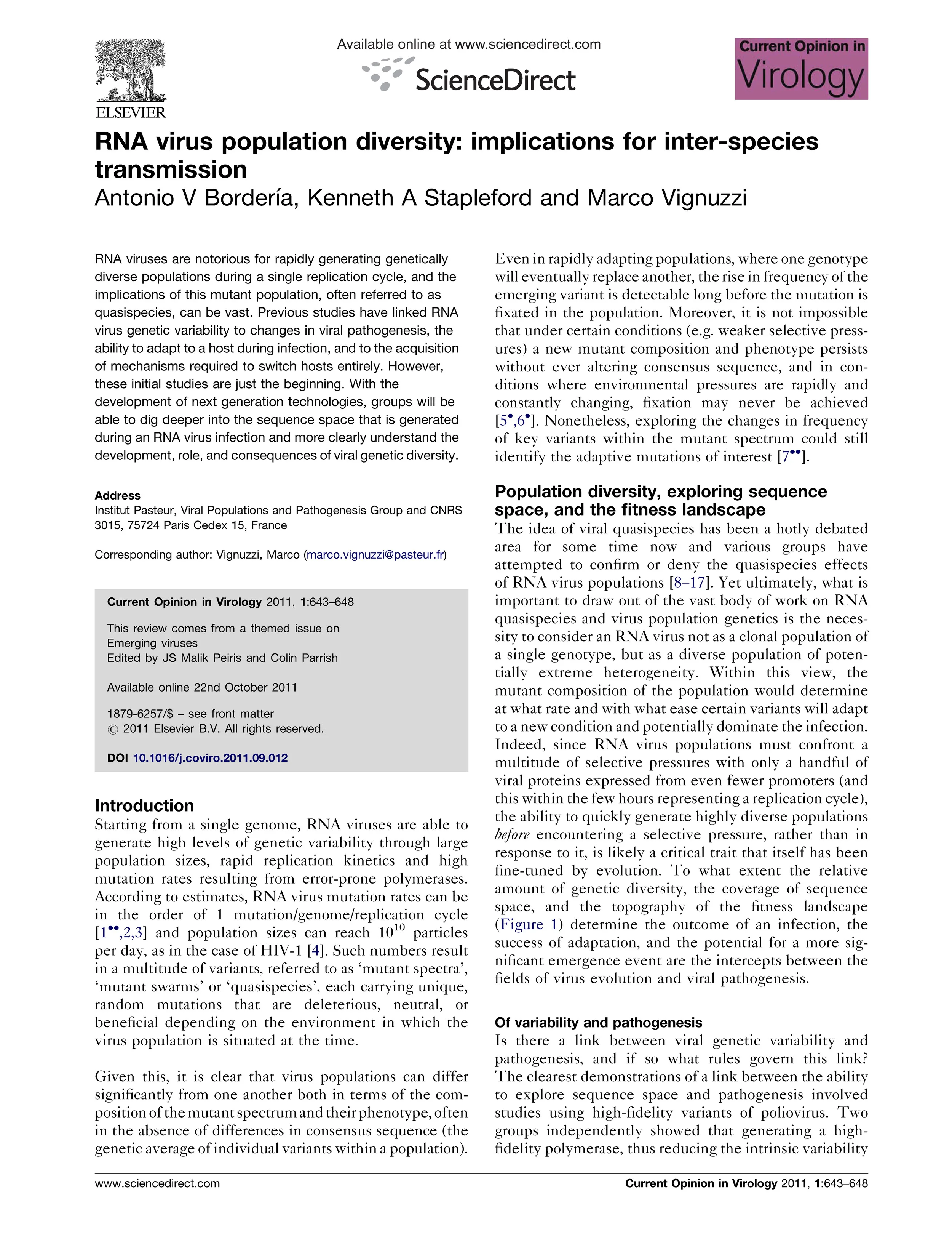 Current Opinion in Virology 2011, Borderia et al: Review RNA virus diversity and cross-species transmission