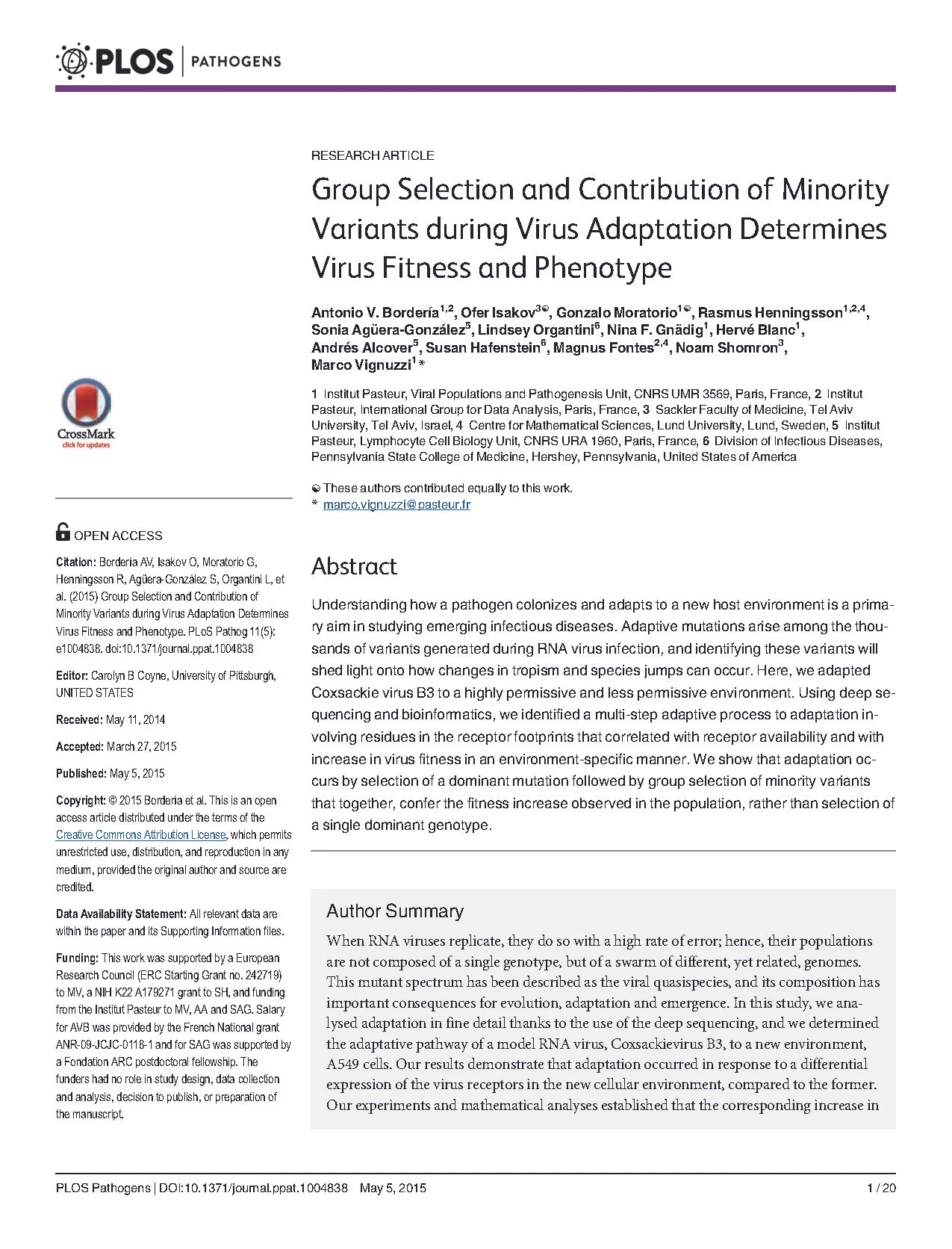 PLoS Pathogens 2015, Borderia et al: Group contribution of minority variants in adaptation in vitro