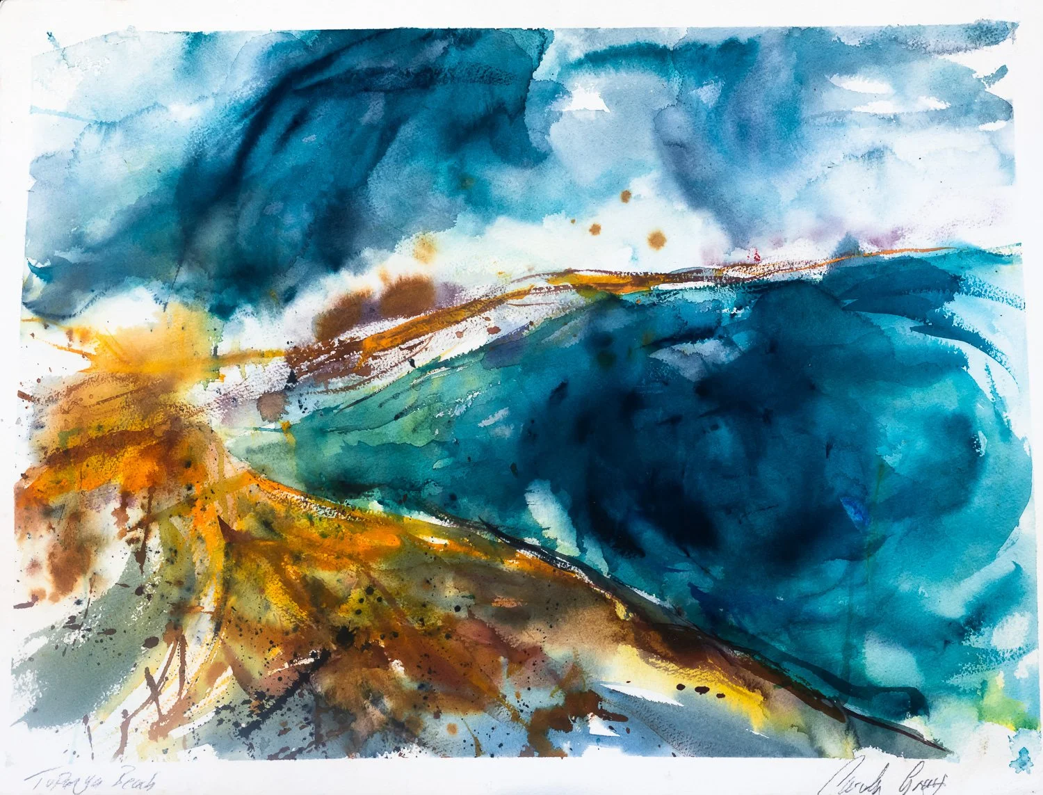  The Storm of Beauty ‘    A watercolor painting plein air at Topanga Beach.. where the lake enters the ocean..   Arches 140 : 18 × 24”.  $500:00 