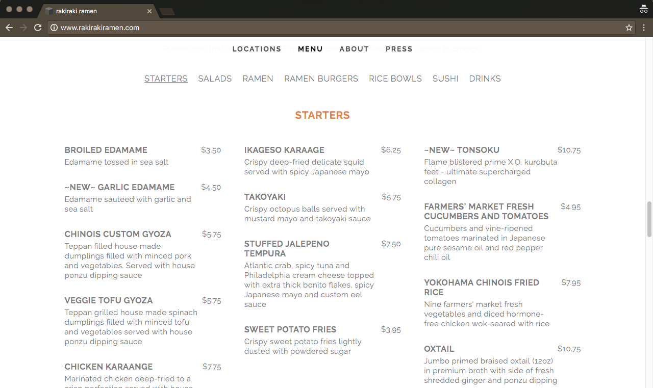 Rakiraki Ramen Menu