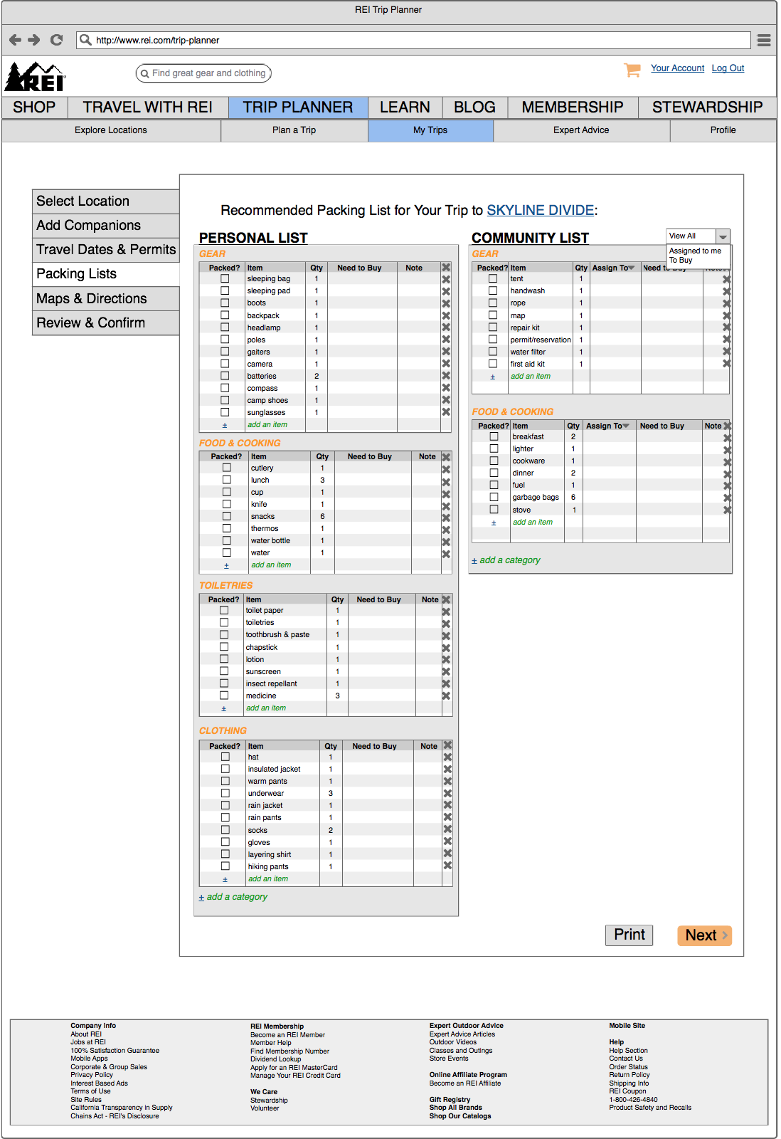 Wireframe: Packing List