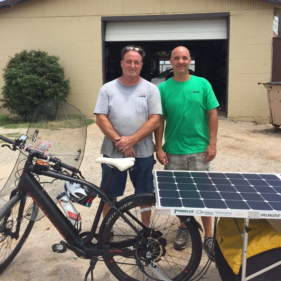 Mark (left) Tosh (right), Pickup Parts & Sales I slowly rolled in to Pickup Parts in Meeker, OK with a broken solar cable. This is Round 2 of one of the wires breaking because of friction. I was so lucky to meet Tosh who said, "You got to talk to Mark." Mark is the King Mechanic. who soldered and reinforced my wires. I couldn't been luckier. Thank you for your time, skills & Alaska stories Mark!