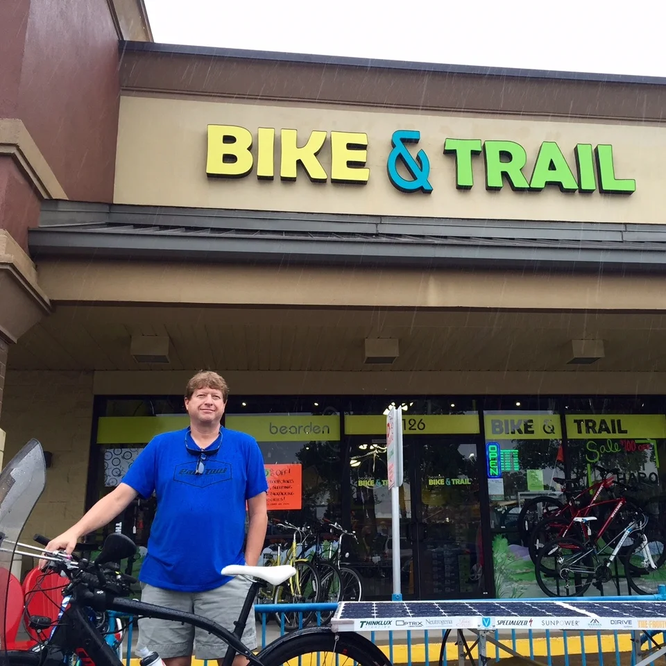 Randy Schonagen from Bearden Bike & Trail, Knoxville, TN I arrived on the brink of a storm. I had a busted tail light and needed a custom replacement. Randy was incredibly helpful, giving me a new light and securing it to my solar panel. And then the sky opened up and it started pouring. He invited me to stay for lunch and talk bikes. A rainy dream!