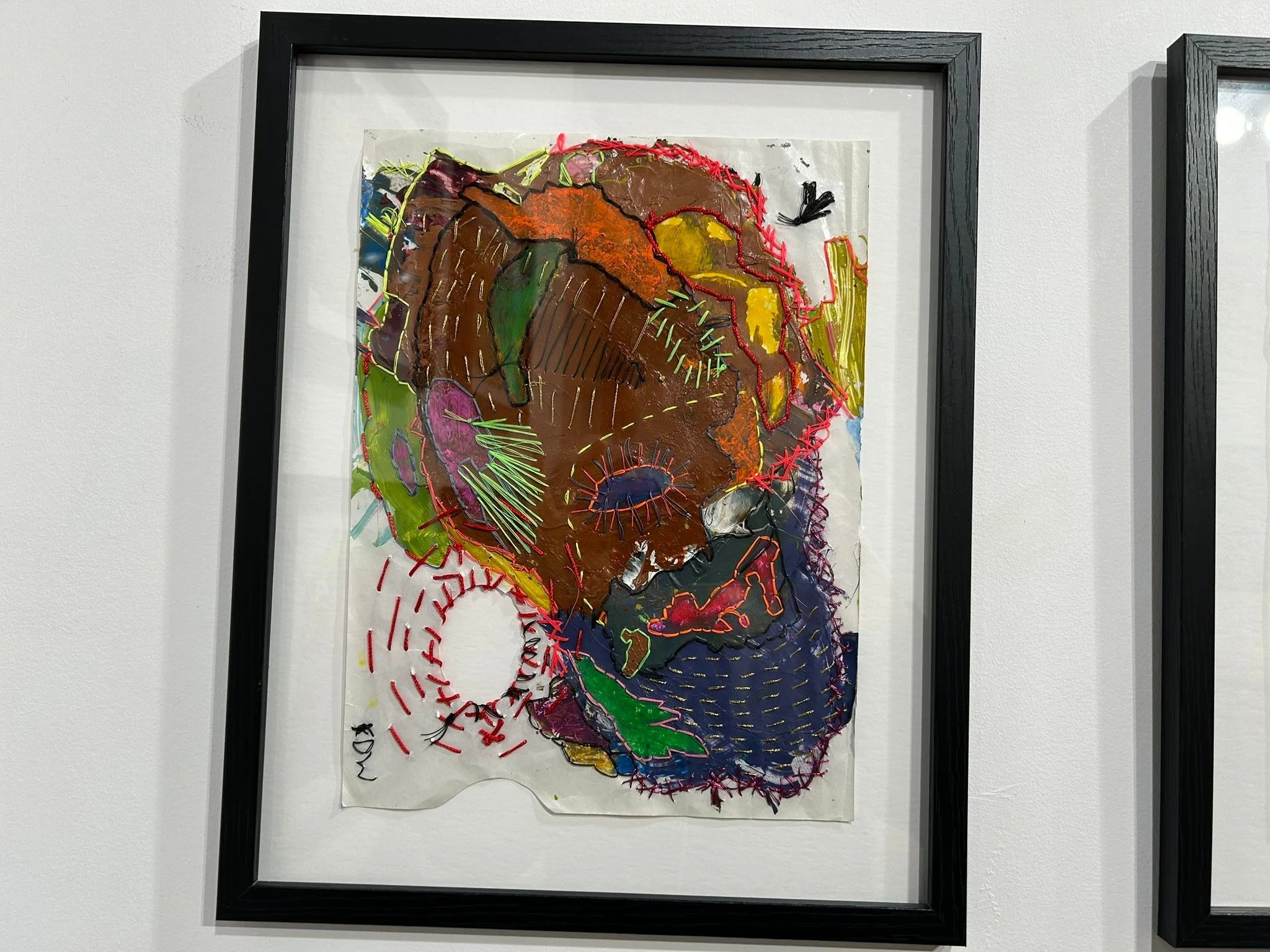 My first Solo Exhibition in Stratford, ON at Agora Gallery! The first image is a work I completed this past week. A paper palette from doing en plein air paintings. Acrylic, oil pastel, and thread. The last two images shows someone enjoying a playful