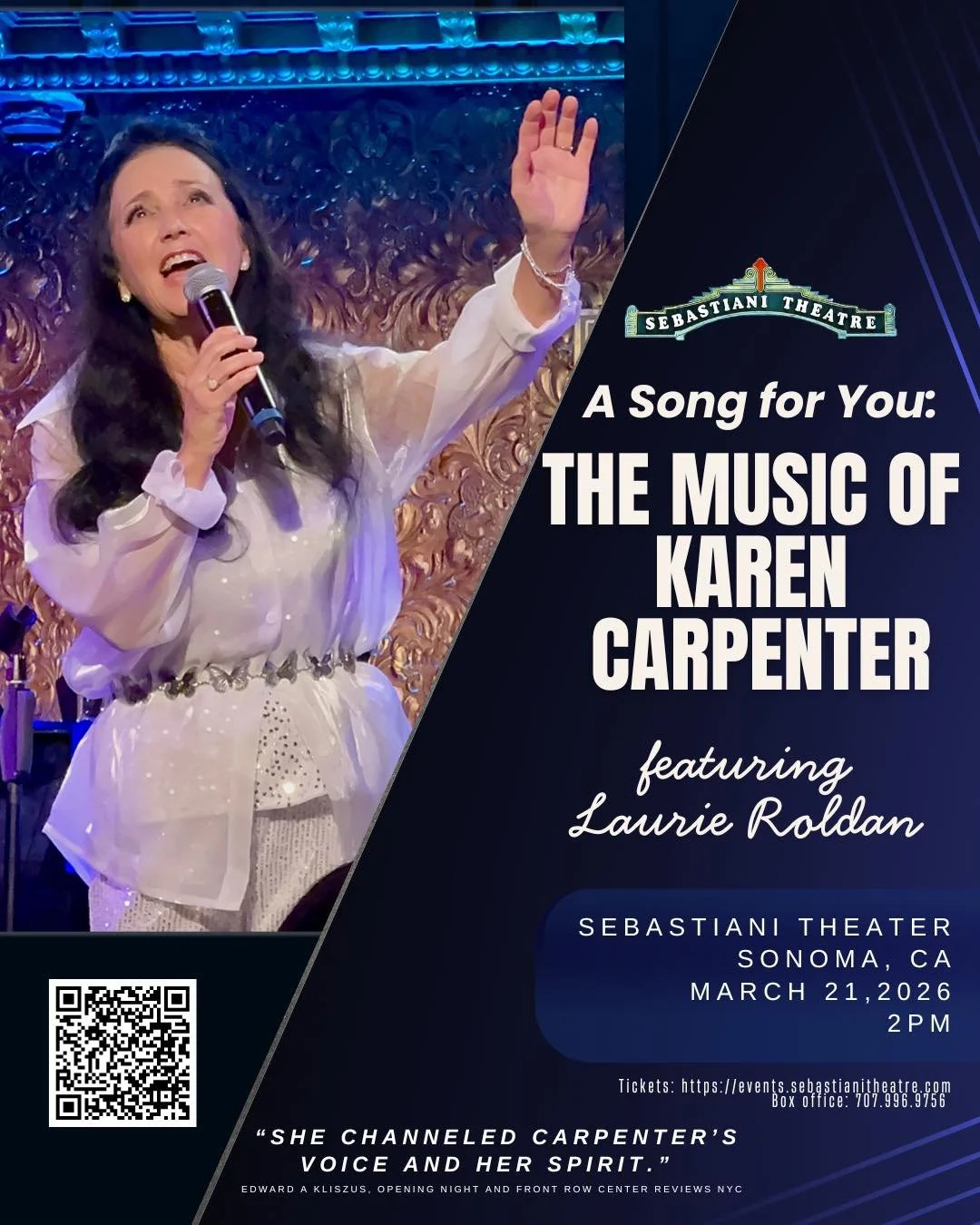 A Song for You: The Music of Karen Carpenter starring Laurie Roldan Sonoma, Sebastiani Theater 2pm