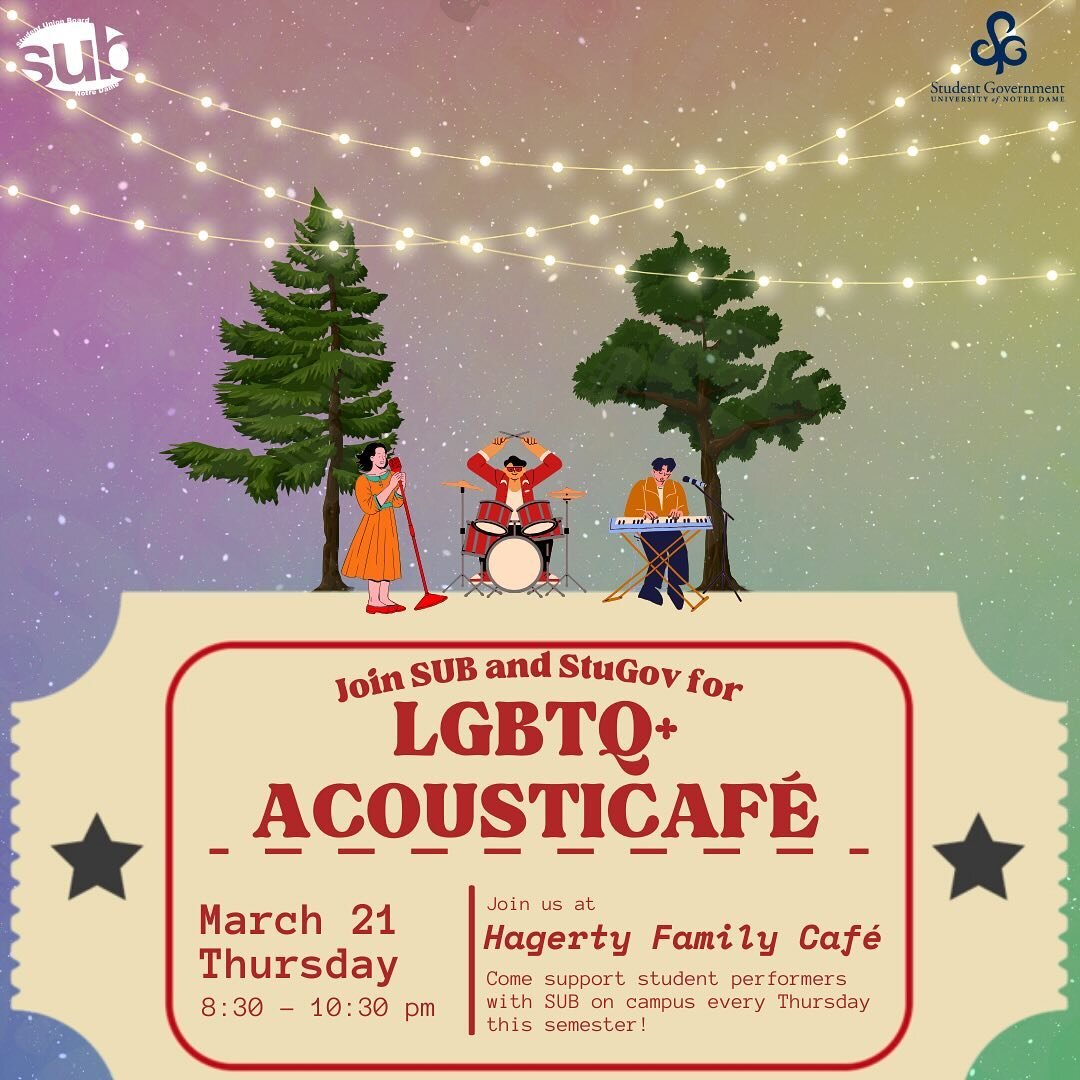 Join us and @ndstugov for a very special Pride Week edition of Acousticaf&eacute;! We&rsquo;ll be in our usual spot in Hagerty Fanily Caf&eacute; this Thursday, March 21 from 8:30-10:30 PM! Use the QR code or the link in our bio to sign-up! 🌈🎤