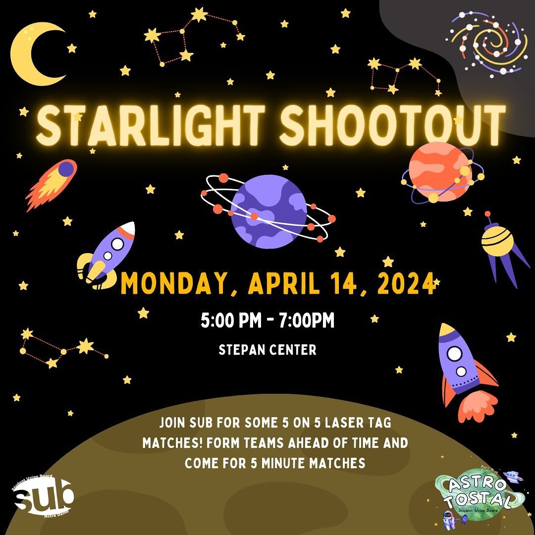 We&rsquo;re so excited to announce the first AstroTostal event: Starlight Shootout Laser Tag! Form teams ahead of time and join us at the Stepan Center on Monday, April 14 from 5-7 PM for some 5 minute laser tag matches! 💥🛸