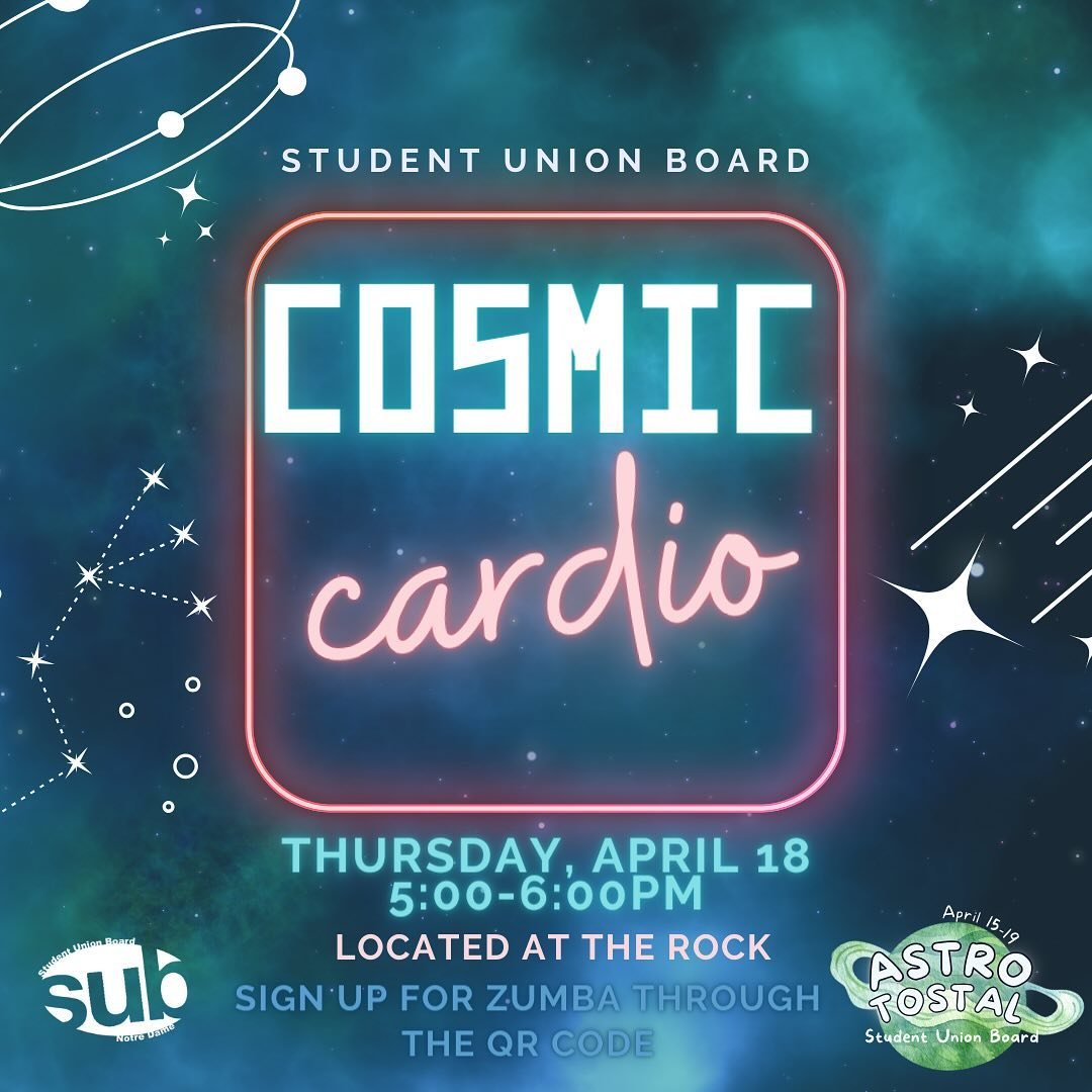 Come do some Cosmic Cardio and celebrate AstroTostal! Join us on Thursday, April 18 from 5-6 PM in the Rock for some out of this word Zumba! Use the QR code or the link in our bio to sign-up! Keep checking our stories for more events! 💥🕺🪐