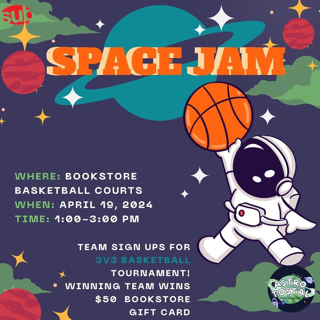 Form your own Tune Squad at AstroTostal&rsquo;s Space Jam!  Join us on the Bookstore Basketball courts on Friday, April 19 from 1-3 PM for a chance to win a $50 Bookstore gift card! Sign-up a team of 3 using the QR code or the link in our bio! 🏀🪐