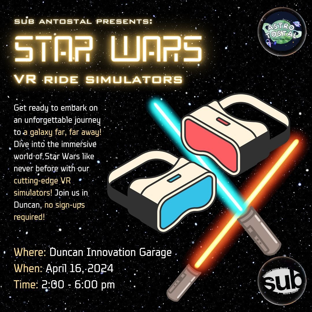 Catch us in Duncan Innovation Garage on Tuesday, April 16 from 2-6 PM for a Star Wars VR Simulator! No sign-ups required!! ⚔️🪐