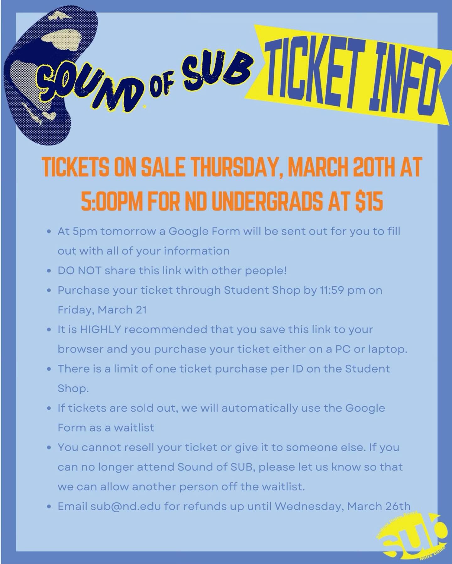 Reminder that tickets for Sound of SUB will go on sale TOMORROW at 5pm! Tickets are $15! Get hype for Del Water Gap!!