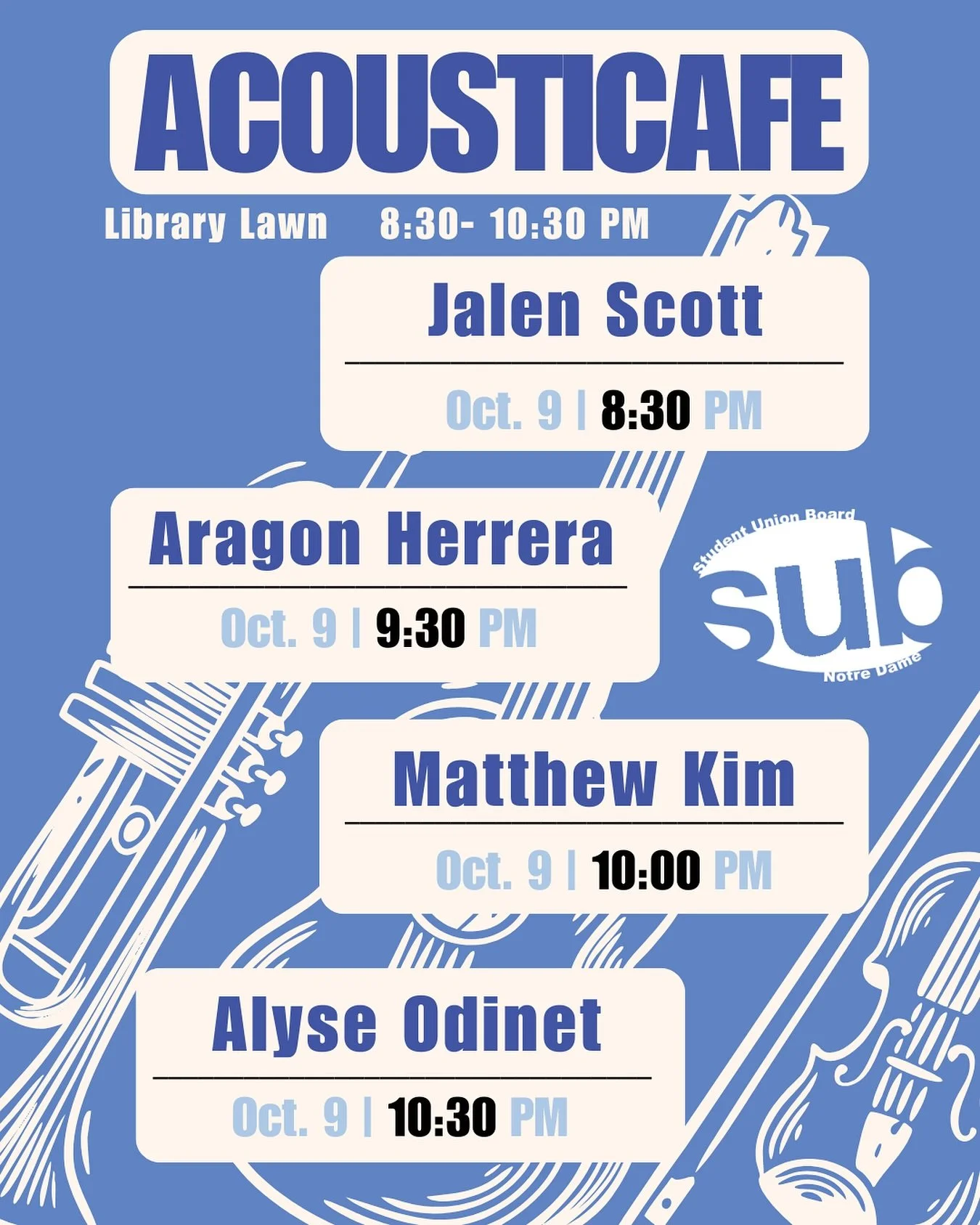 Join us tomorrow night for another Acousticaf&eacute; on Library Lawn, 8:30-10:30pm.