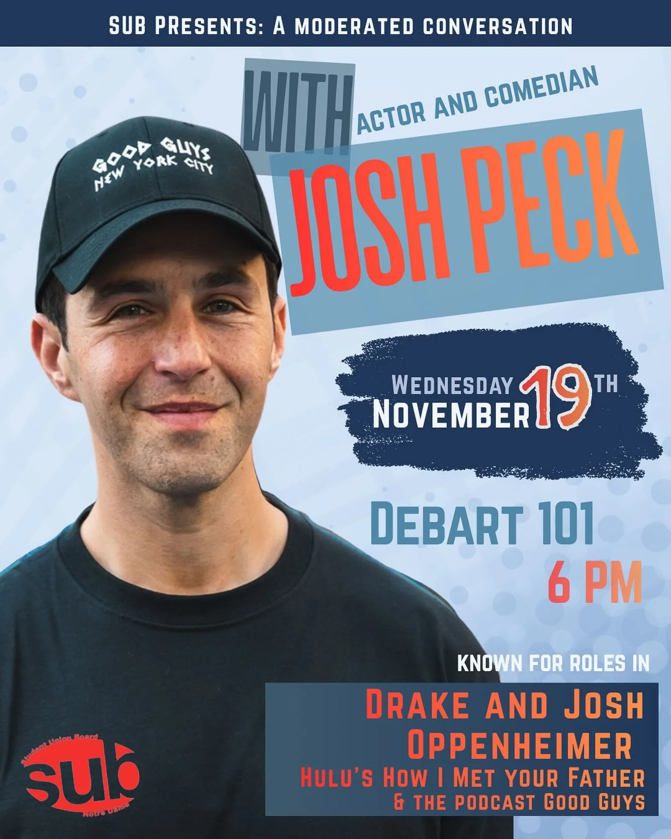 SUB is excited to bring Josh Peck to campus Wednesday, November 19th! Tickets go on sale at noon today through Student Shop. Check the link in our bio for tickets and more info!