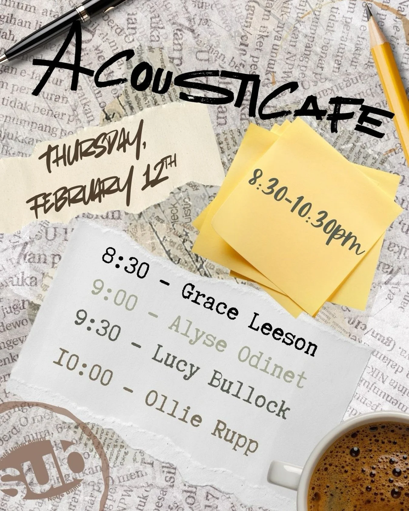 The lineup is set for this Thursday&rsquo;s Acousticaf&eacute;! 8:30-10:30pm in Hagerty 🎵🤓
