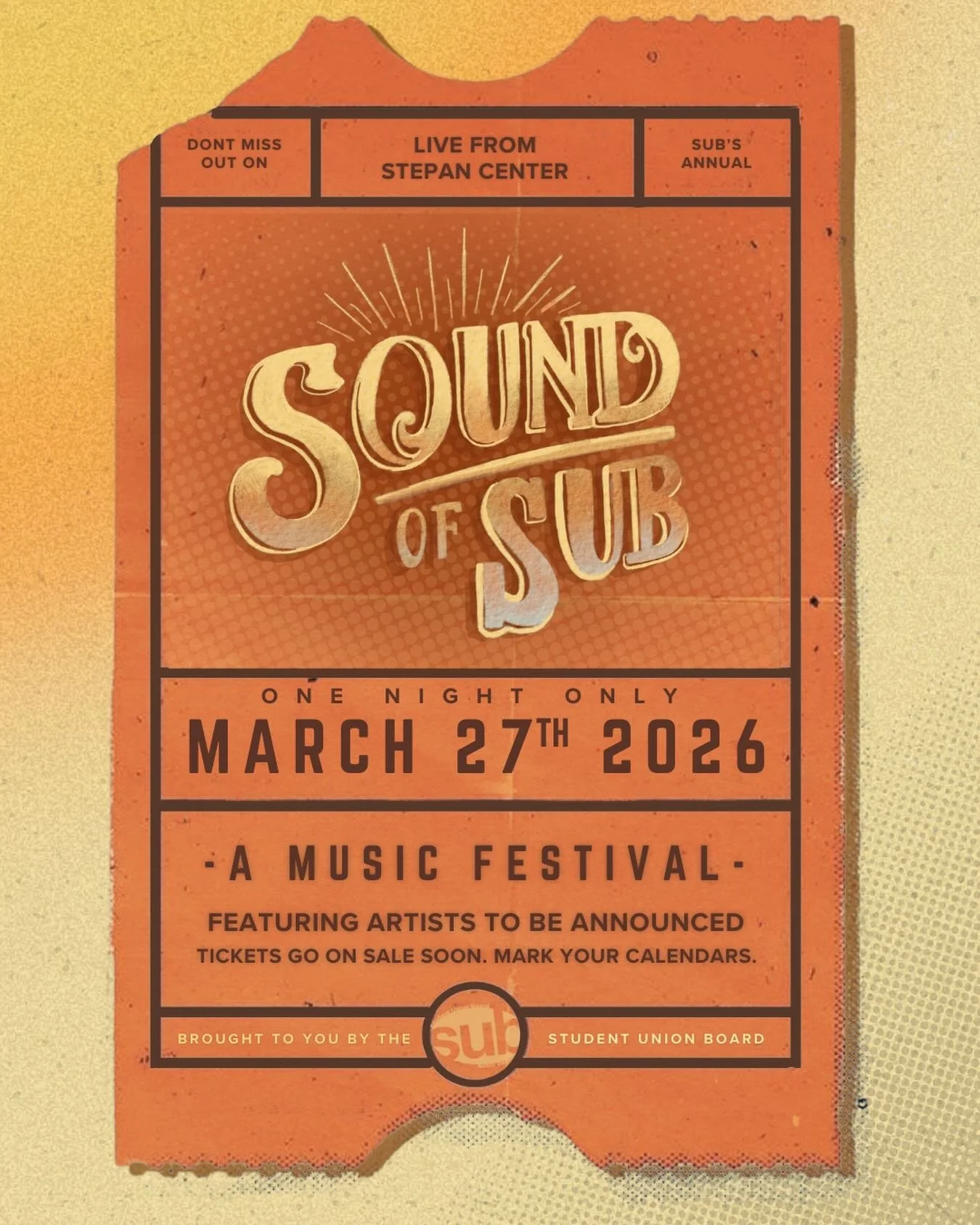 🚨ATTENTION NOTRE DAME!! SOUND OF SUB IS BACK!!🚨

We are so excited to announce our annual Sound of SUB Musical Festival is just 2 months away! Stay tuned for ticket info and hints on the musicians!