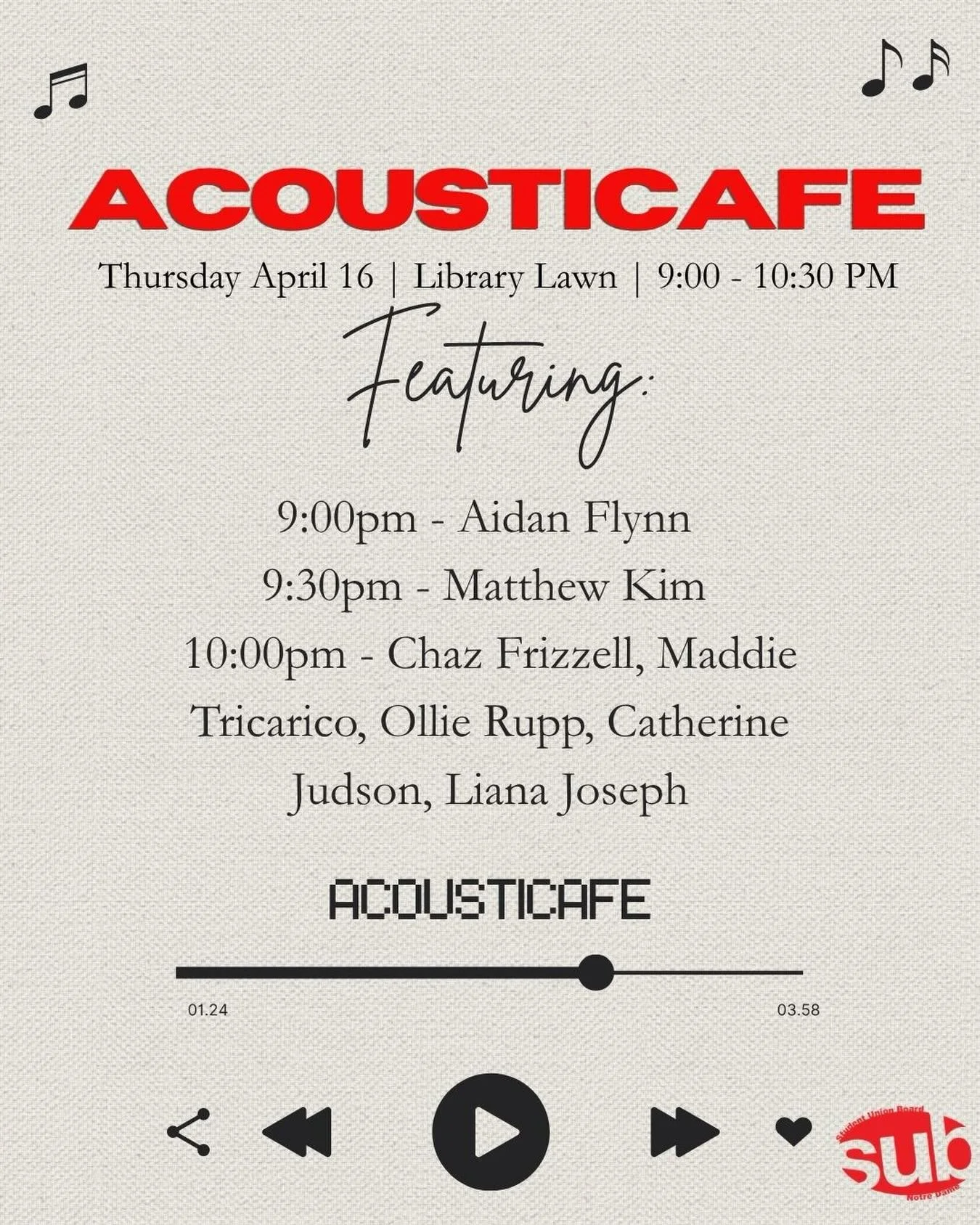 Join us for Acousticaf&eacute; this Thursday starting at 9pm on Library Lawn!