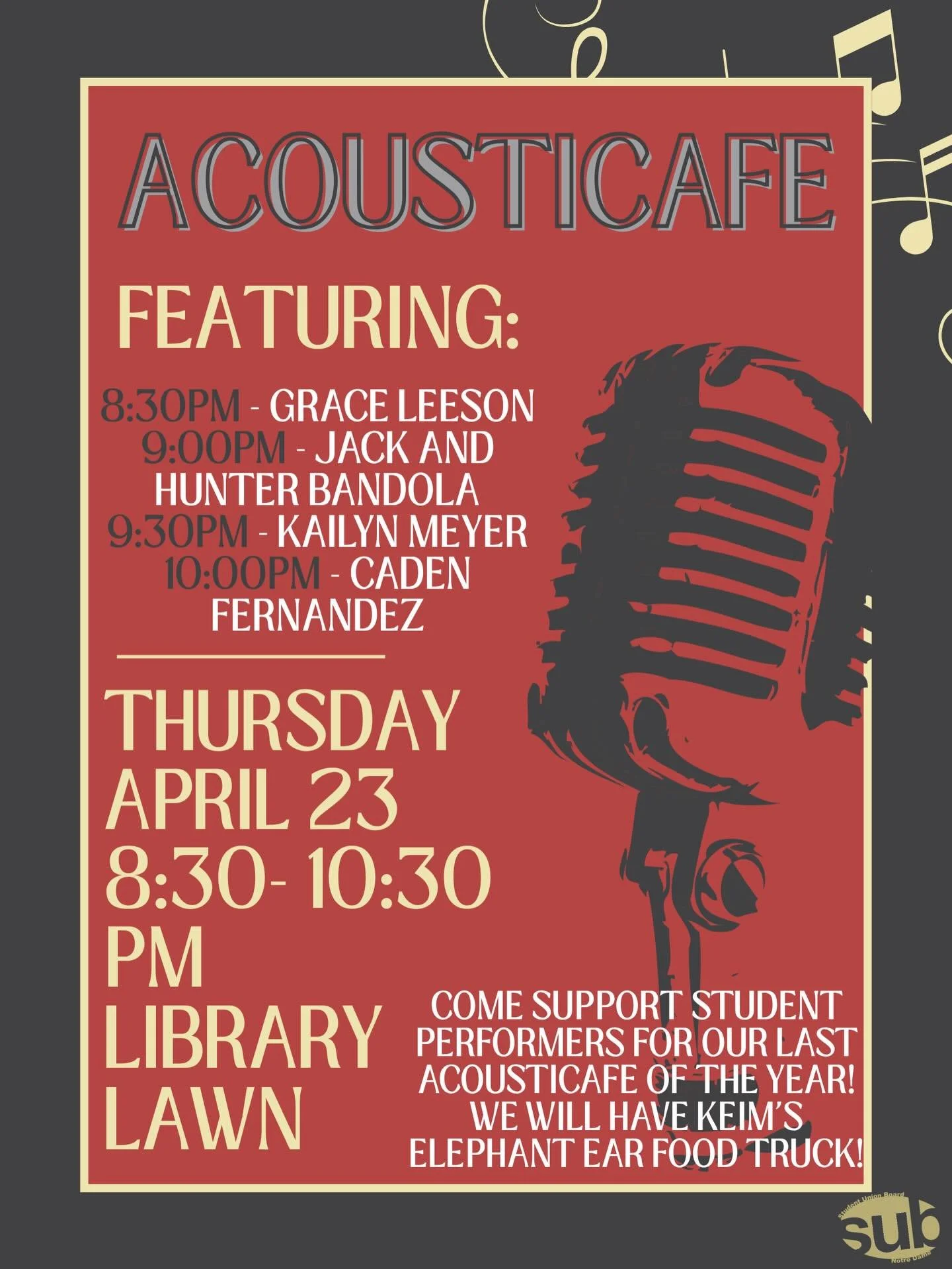 Join us for our last Acousticaf&eacute; of the year this Thursday night outside in library lawn! 8:30-10:30pm