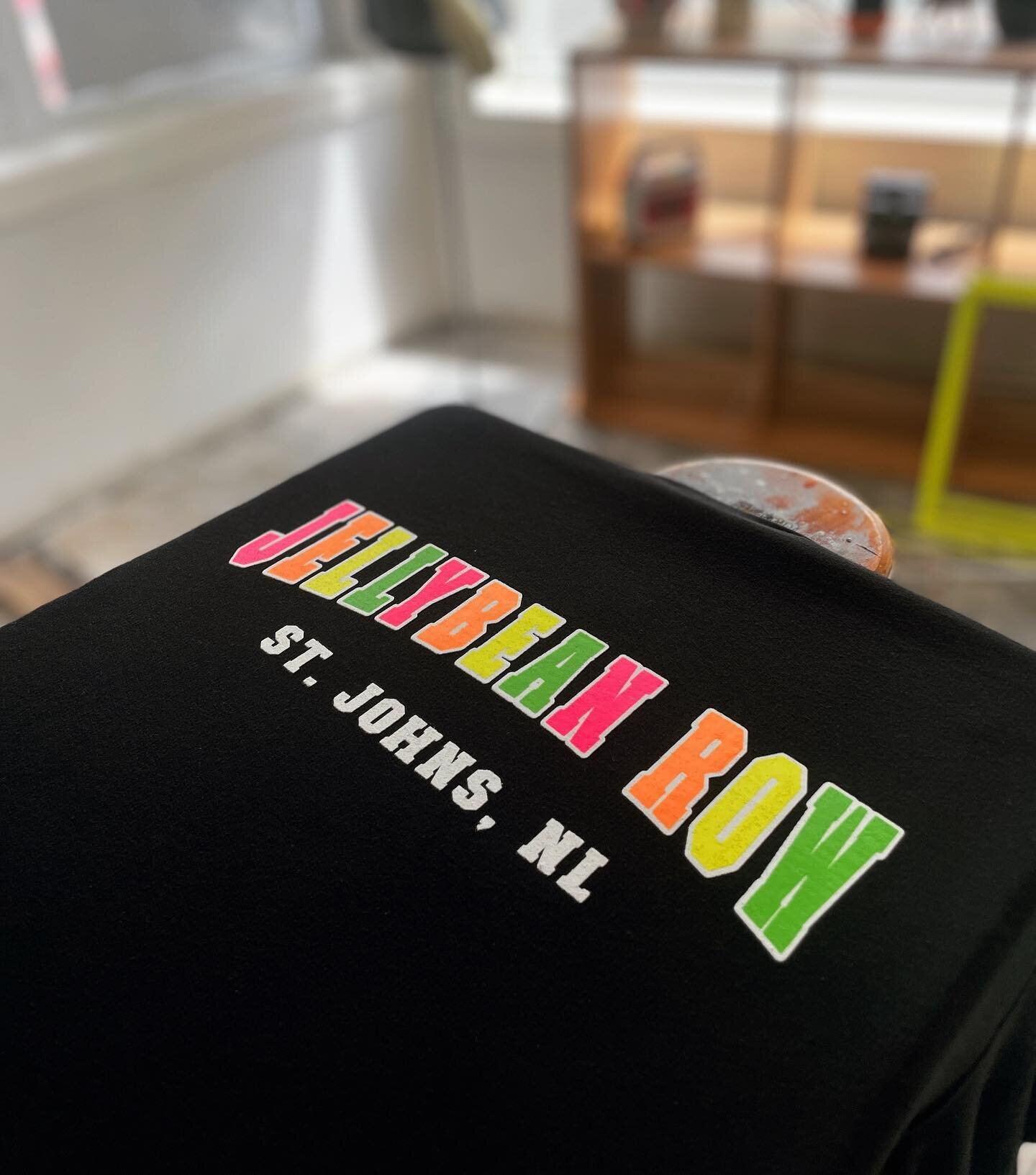 I&rsquo;d you didn&rsquo;t notice Jellybean Row before, you&rsquo;ll notice it here! Great new neon shirts from the ever-cool @figgyduffdory check them out!! #newfoundland #jellybeanrow #screenprinting #tshirtprinting