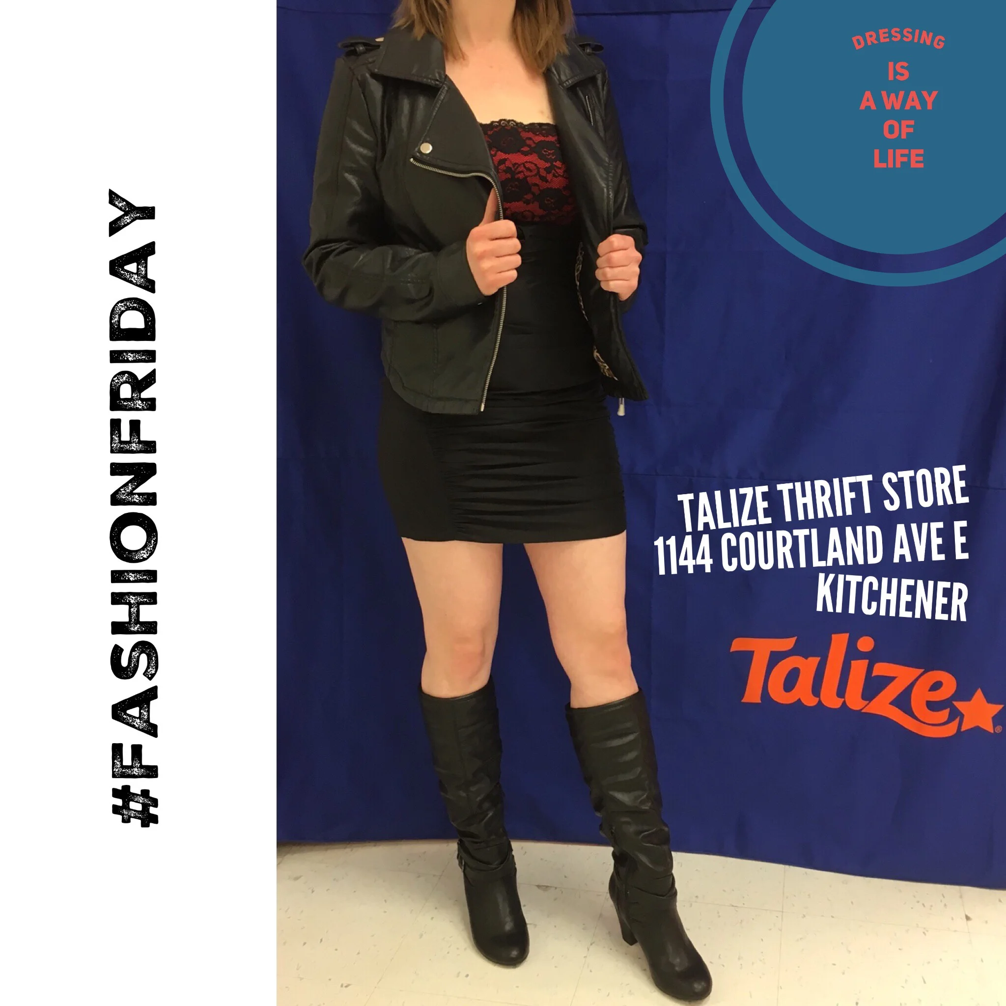 talizethrift Colour tips to look taller: go a shade darker on shoes and wear colours of similar intensity - G.L.A.M. dress / Therapy jacket / Spring boots #fashionfriday #springfashion #style #talizekitchener #talize #thrift #thriftstorefinds #dress