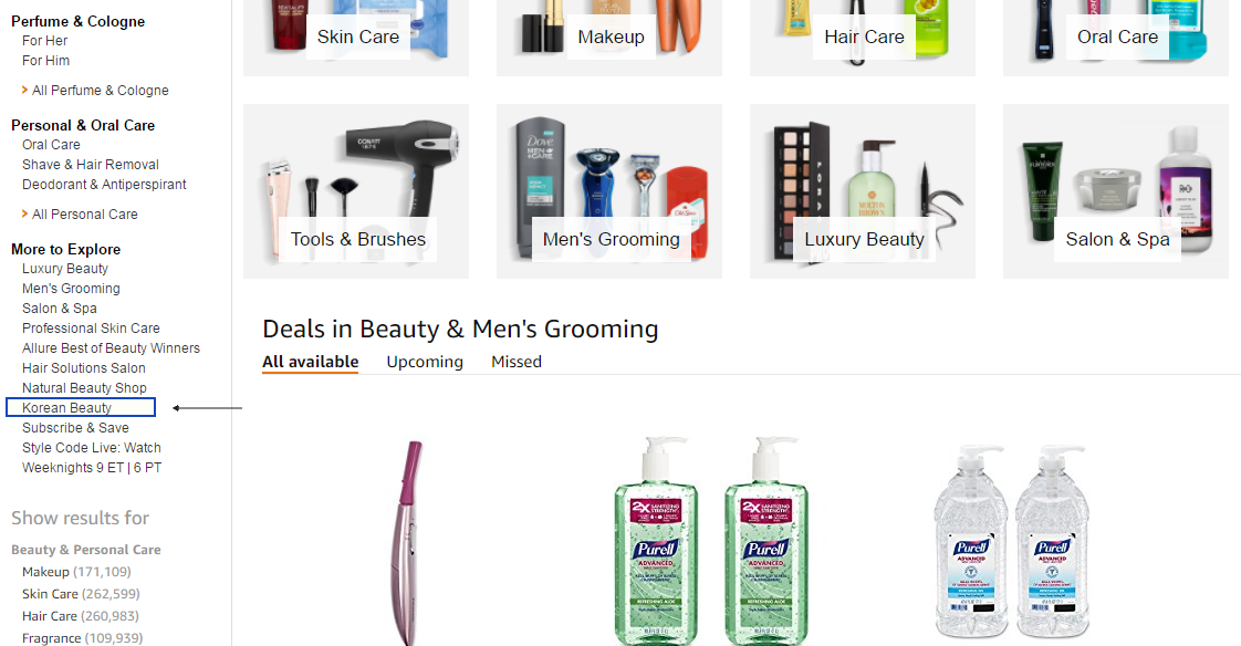 Amazon has created a Korean Beauty sub-category capturing on this term from an SEO perspective