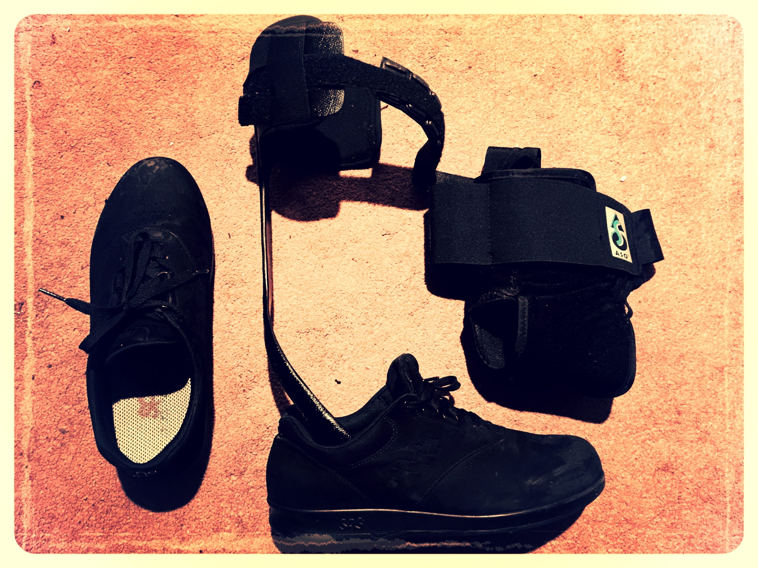 Adaptive Equipment: Leg brace and specially fitted orthotic shoes (SAS)