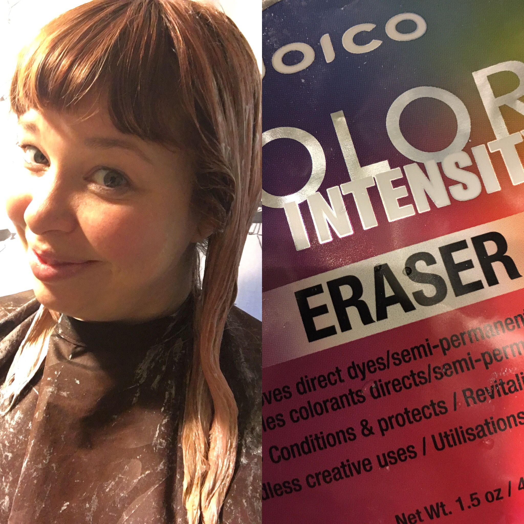 Removing old color is messy business and left my hair a fetching shade of apricot with blond ends. I did not remember to snap a photo of this and I guess I am glad because I have never been able to pull off any sort of blond hair! 
