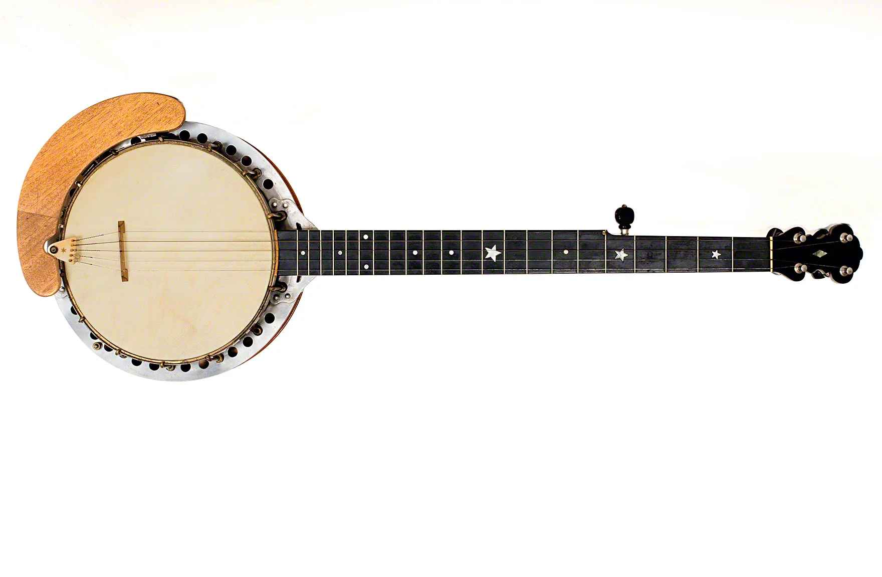 Banjo, hand made by John Russell 1952, fashioned from WW-2 Hurricane aircraft aluminium. Instrument courtesy Peter Adams 