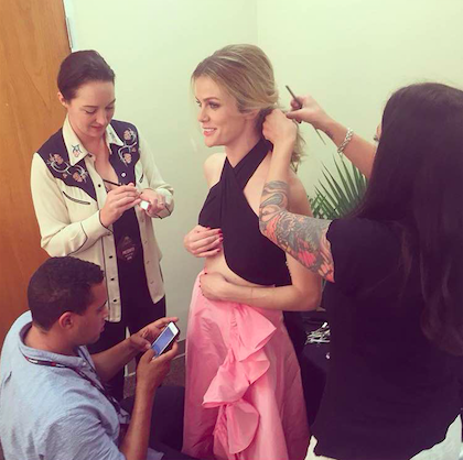 Behind the scenes with Brooklyn Decker at the 'I Heart Country' awards.