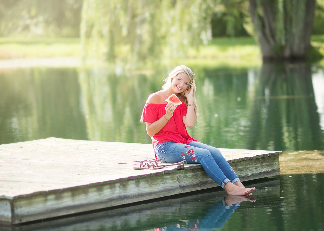 Lady Brio Photography Marysville Ohio Senior Pictures Water Dock Weeping Willow Red Shirt.jpg