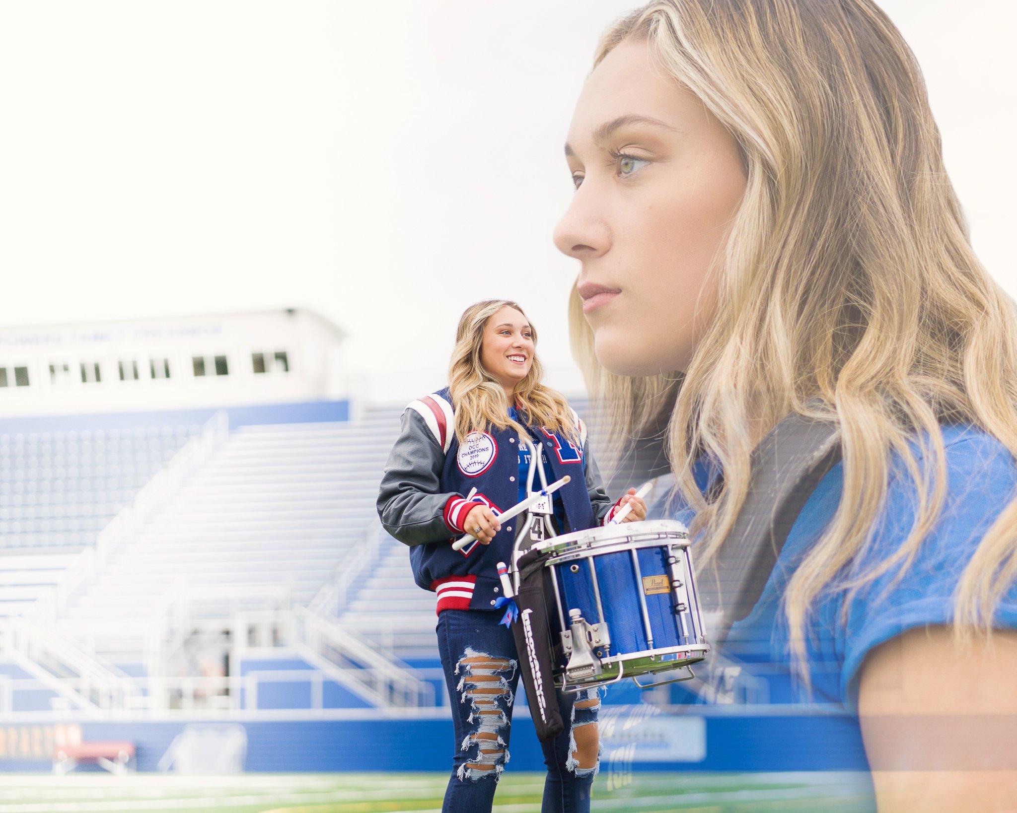 Lady Brio Photography Marysville Ohio Senior Photos Drum Major Marching Band Letterman Jacket Stadium.JPG