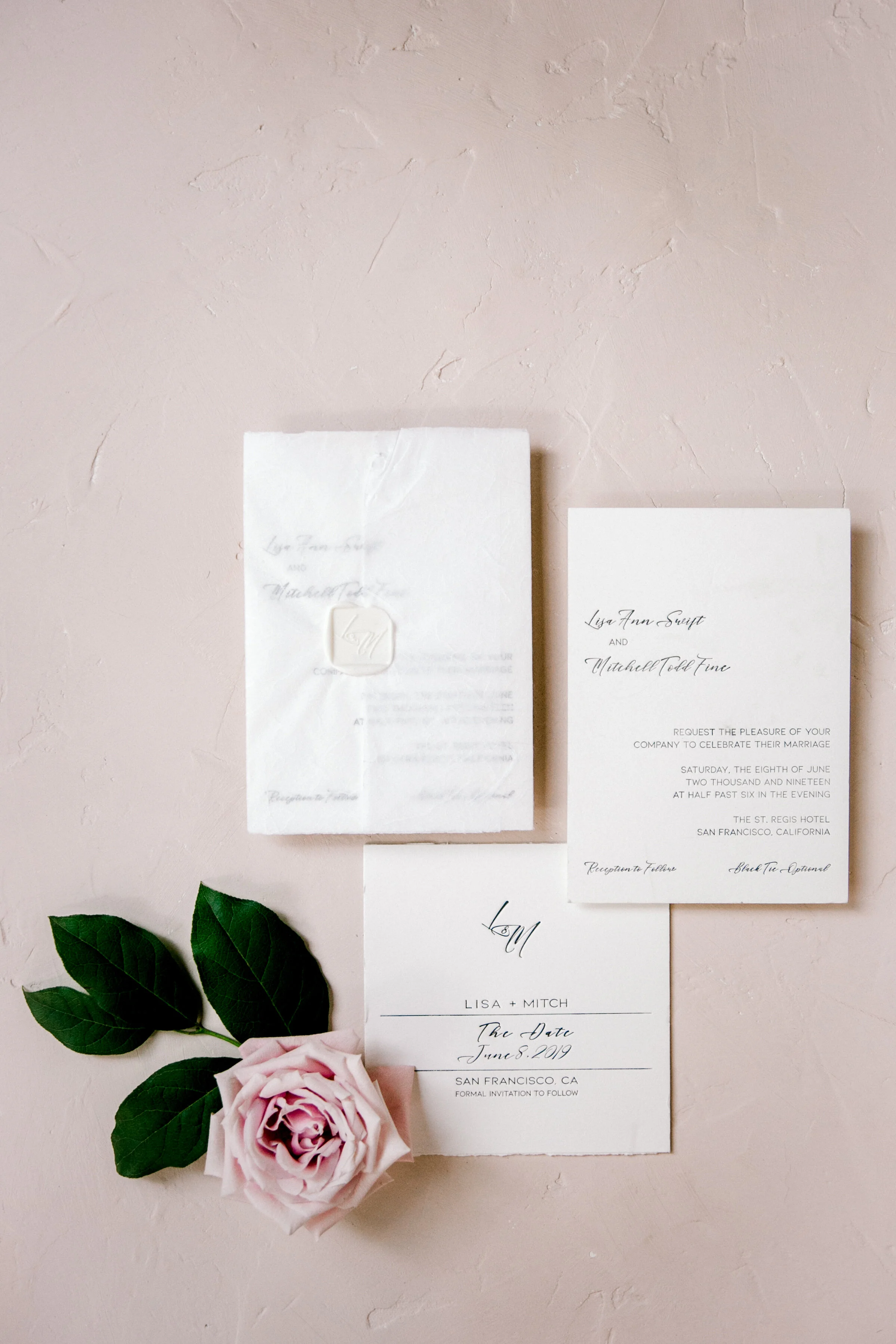 white wedding invitation wax seal blush rose