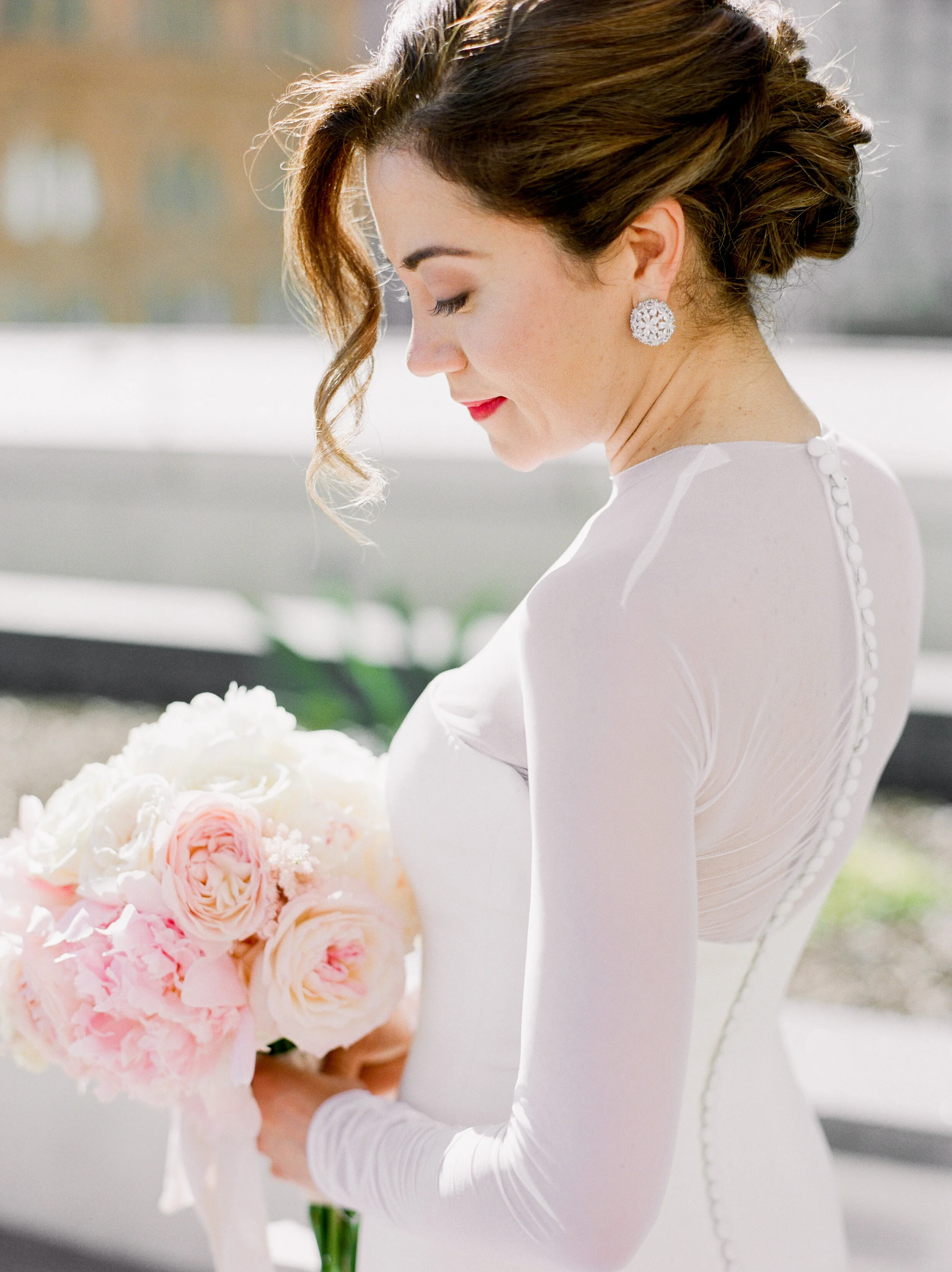 bride st. regis san francisco pink peony bouquet long sleeve wedding dress