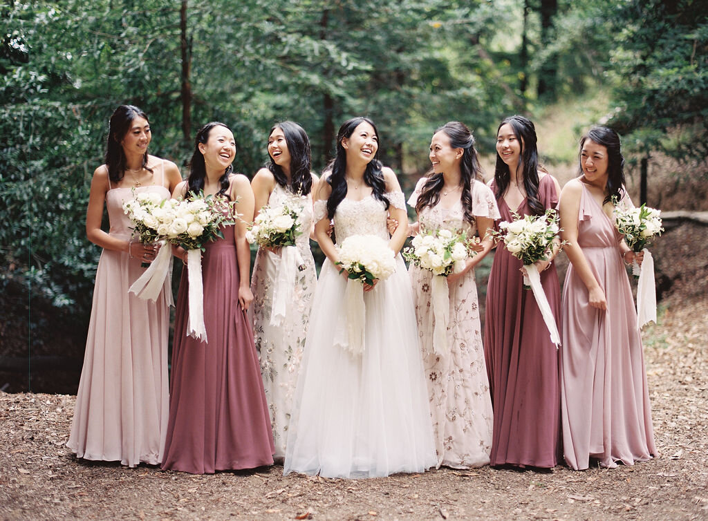 laughing bride bridal party redwoods california