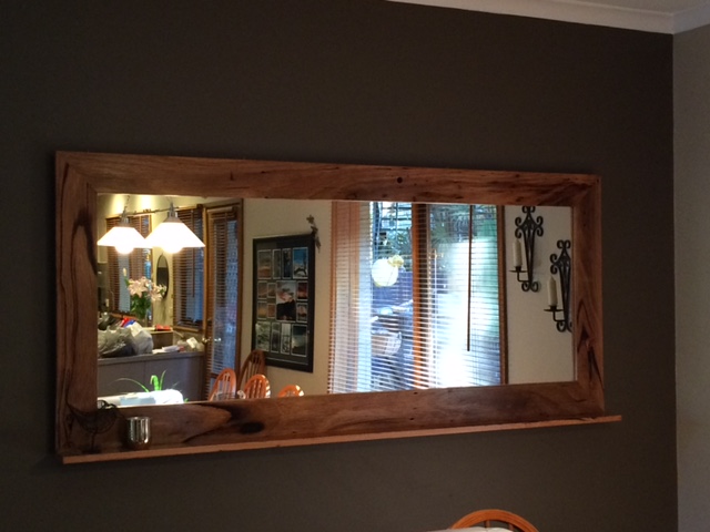 Recycled hardwood timber mirror with bottom shelf