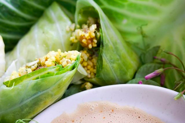 Moroccan Millet Cabbage Rolls with Tahini Sauce