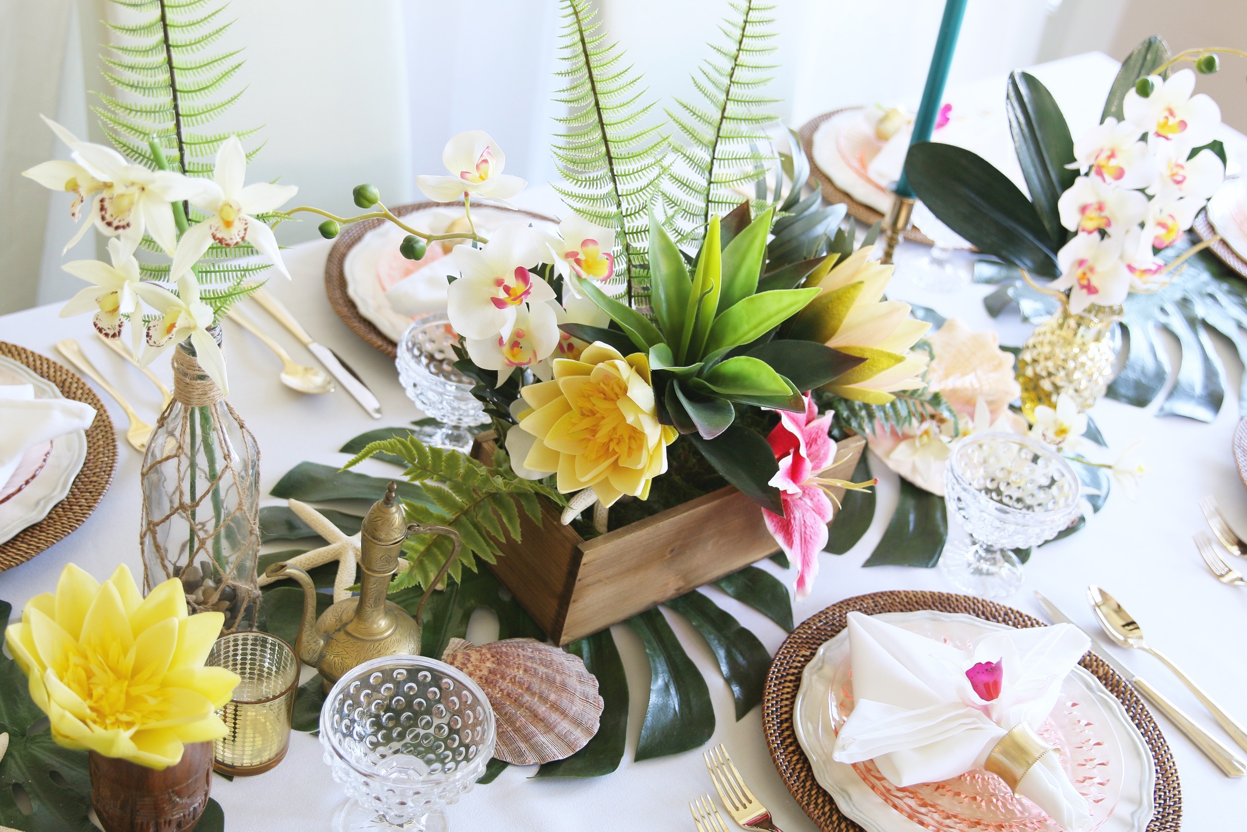 Copy of Palm leaves, tropical flowers, golden pineapples, wicker, seashells, & golden accents - Perfect for a baby shower, bridal shower, or birthday celebration! @inJOYtheParty