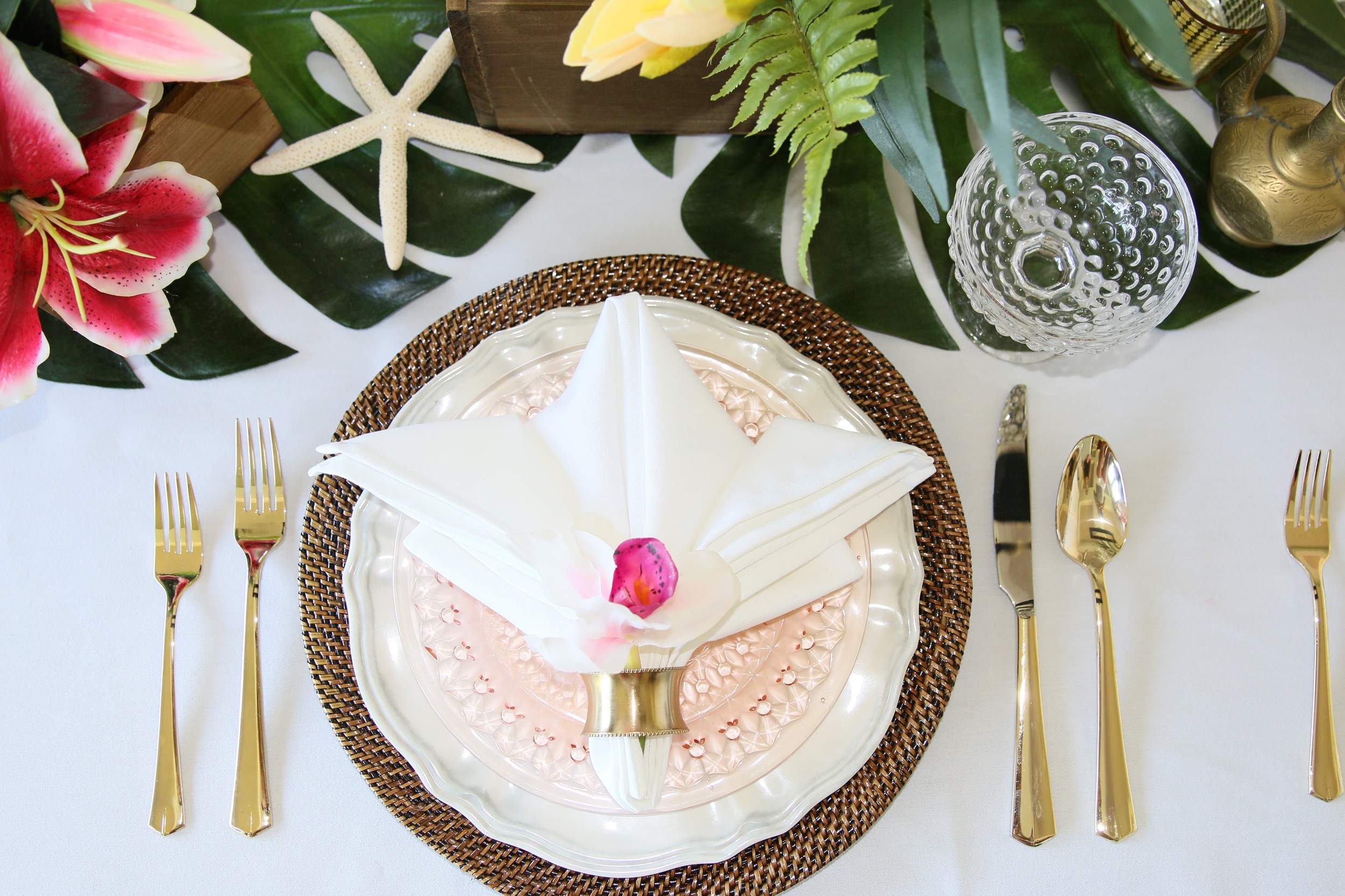 Copy of Palm leaves, tropical flowers, golden pineapples, wicker, seashells, & golden accents - Perfect for a baby shower, bridal shower, or birthday celebration! @inJOYtheParty